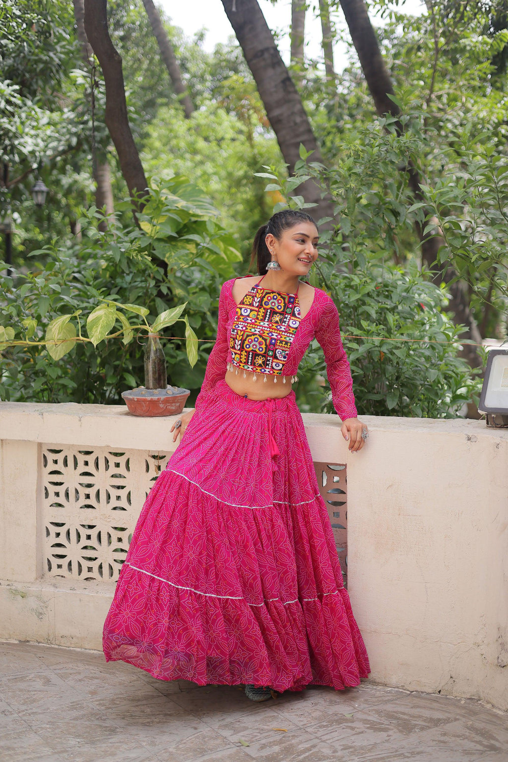 Pink Faux Georgette Bandhej Print Lehenga Choli with Gota-Patti