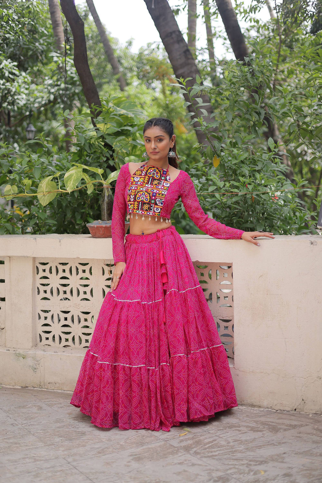 Pink Faux Georgette Bandhej Print Lehenga Choli with Gota-Patti