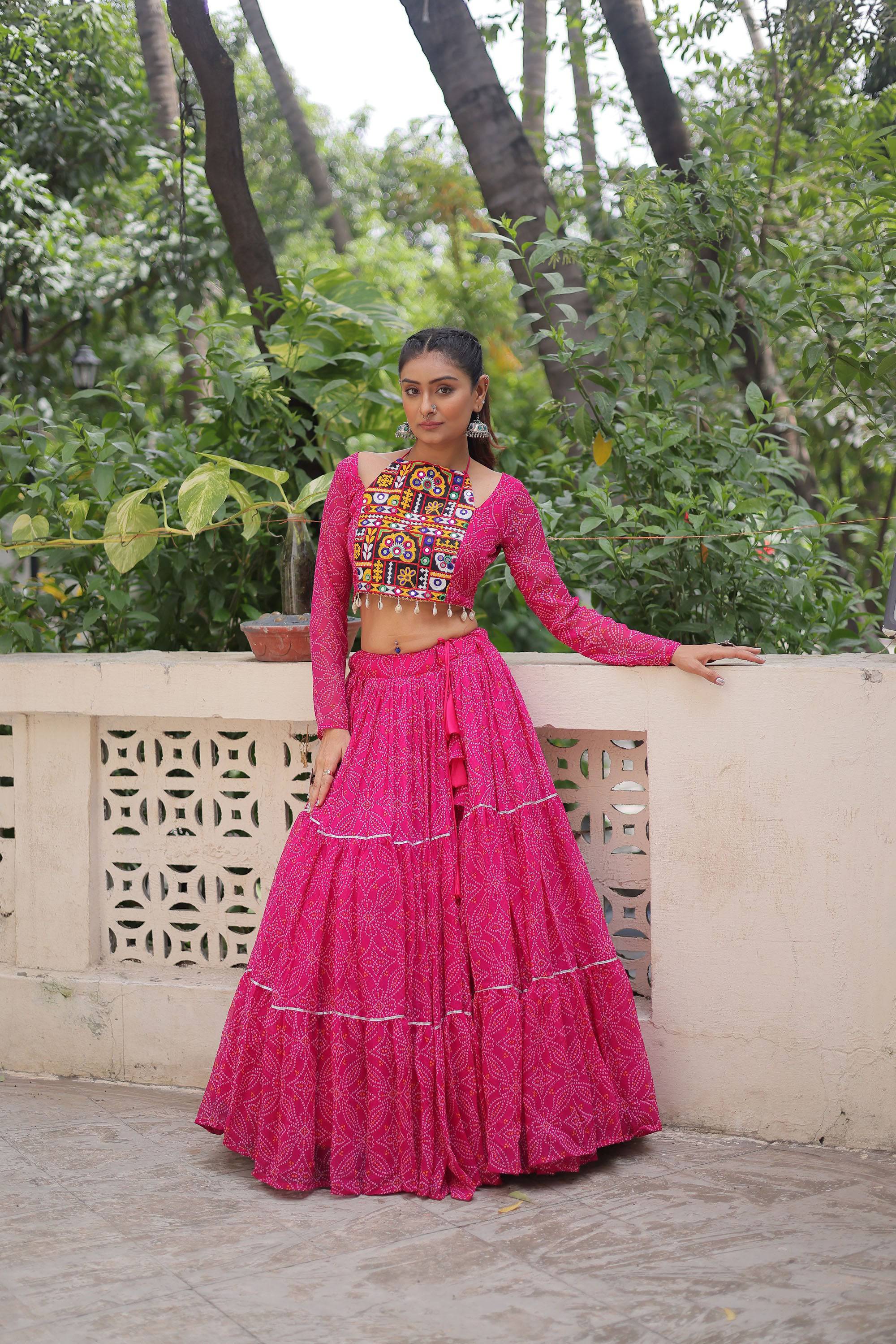 Pink Faux Georgette Bandhej Print Lehenga Choli with Gota-Patti