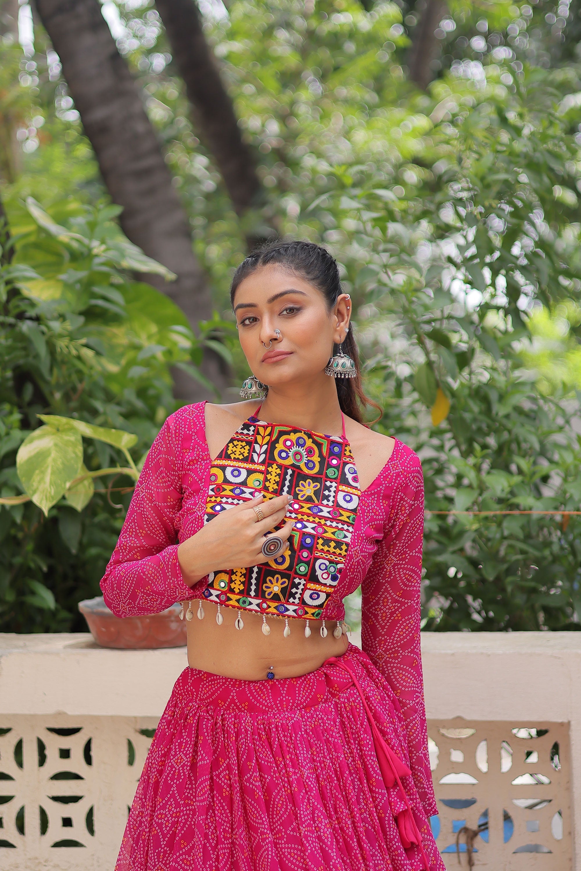 Pink Faux Georgette Bandhej Print Lehenga Choli with Gota-Patti