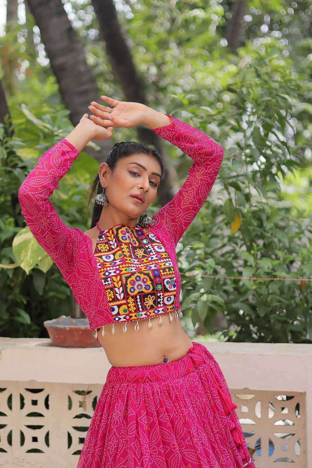 Pink Faux Georgette Bandhej Print Lehenga Choli with Gota-Patti