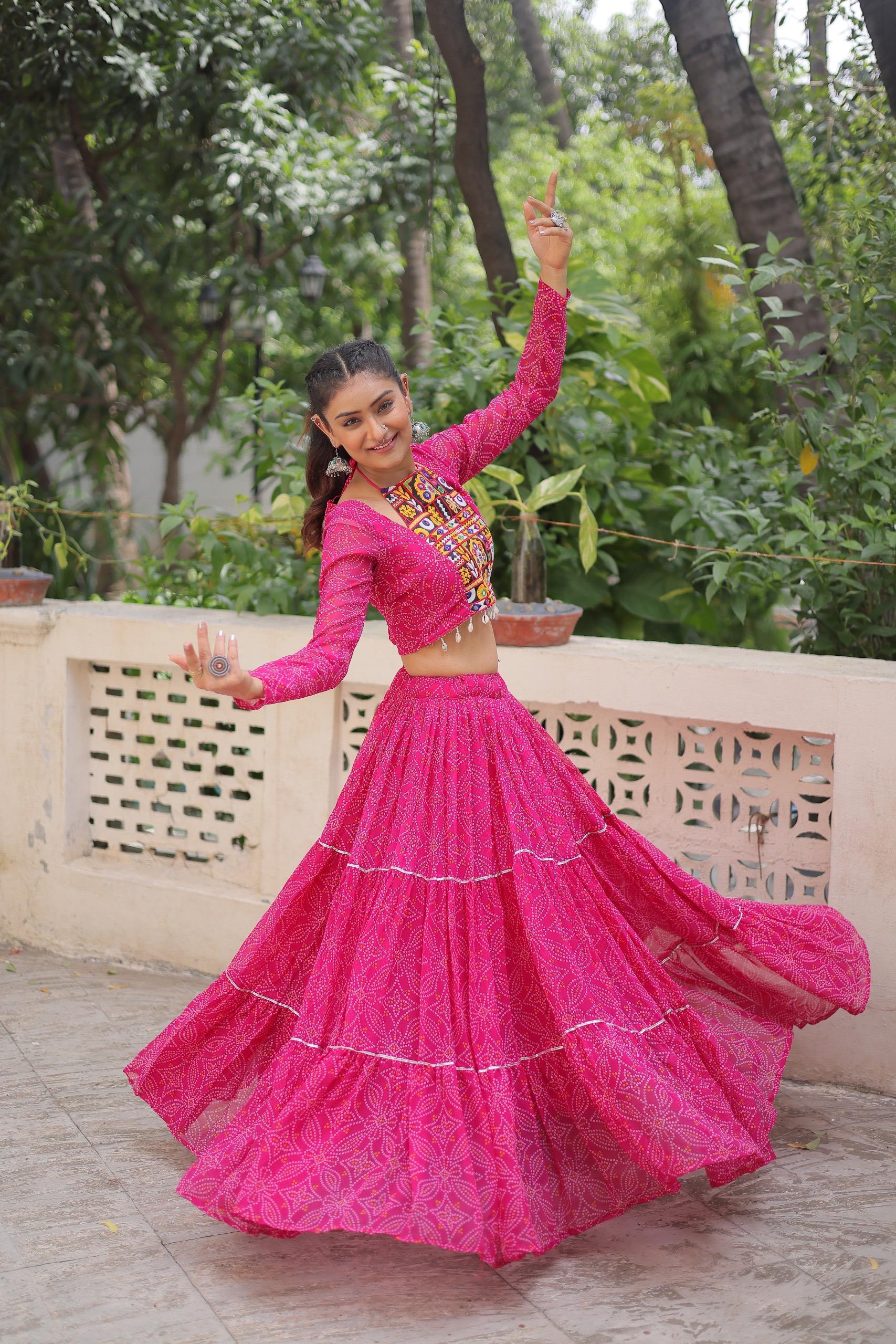 Pink Georgette Bandhej Print Lehenga with Gotta Patti Work