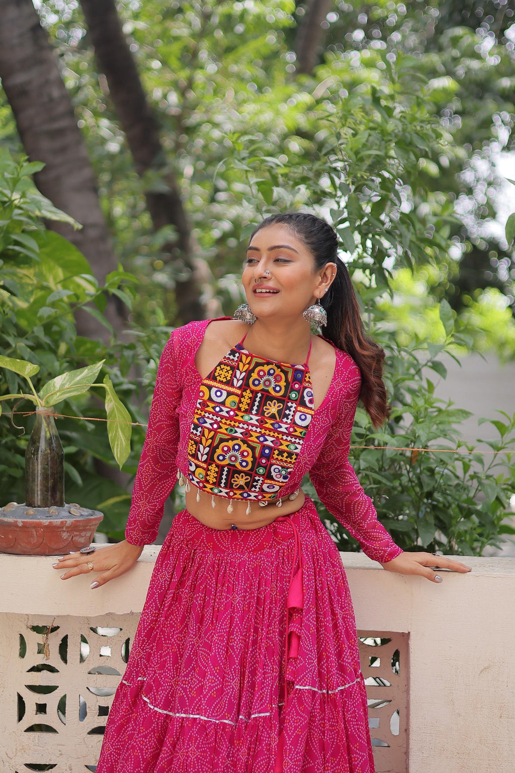 Pink Georgette Bandhej Print Lehenga with Gotta Patti Work