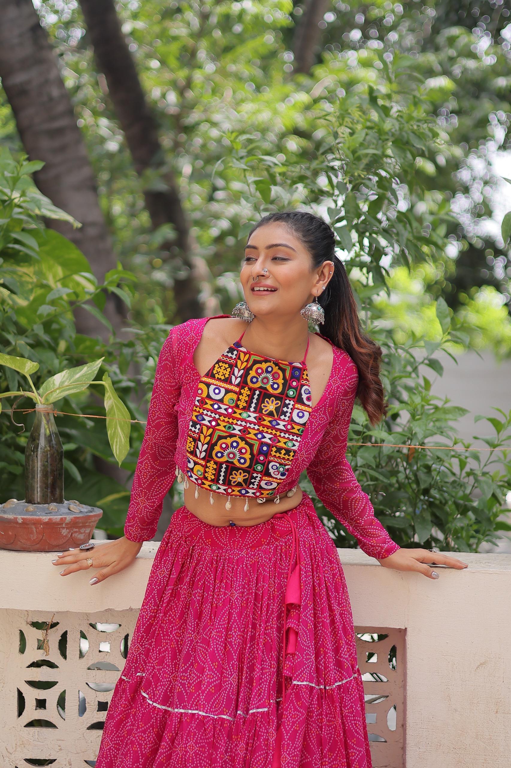Pink Georgette Bandhej Print Lehenga with Gotta Patti Work