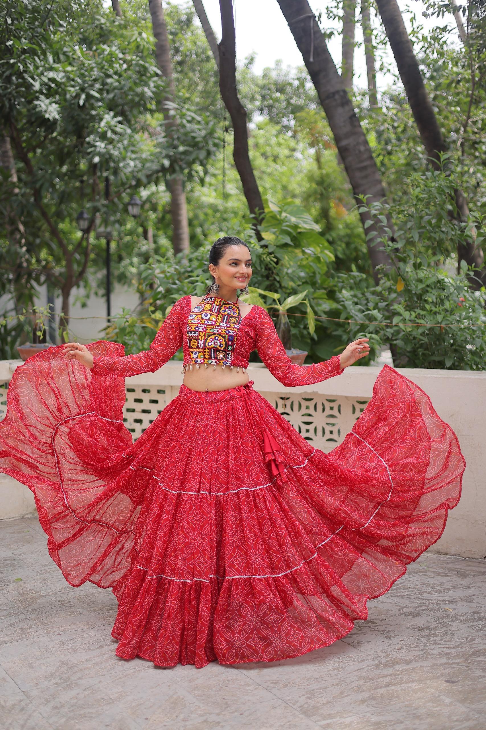 Red Georgette Bandhej Print Lehenga with Gotta Patti Work