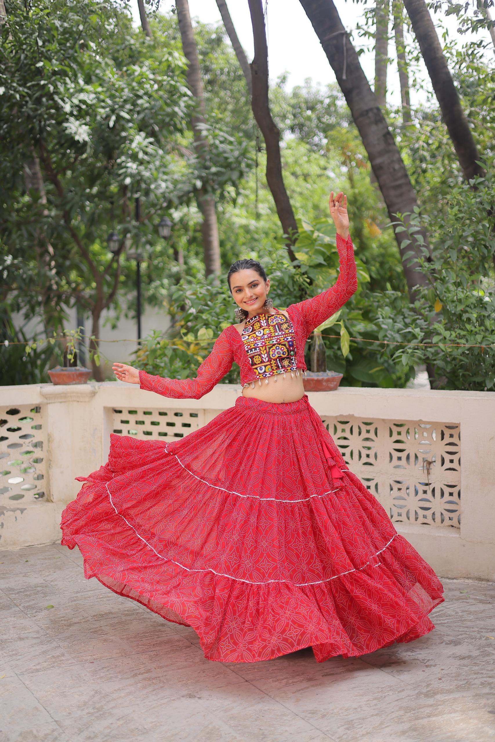Red Georgette Bandhej Print Lehenga with Gotta Patti Work