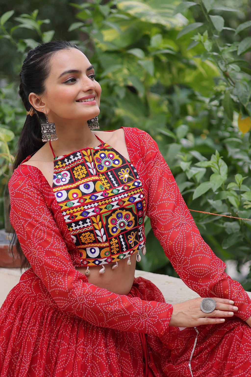 Red Georgette Bandhej Print Lehenga with Gotta Patti Work