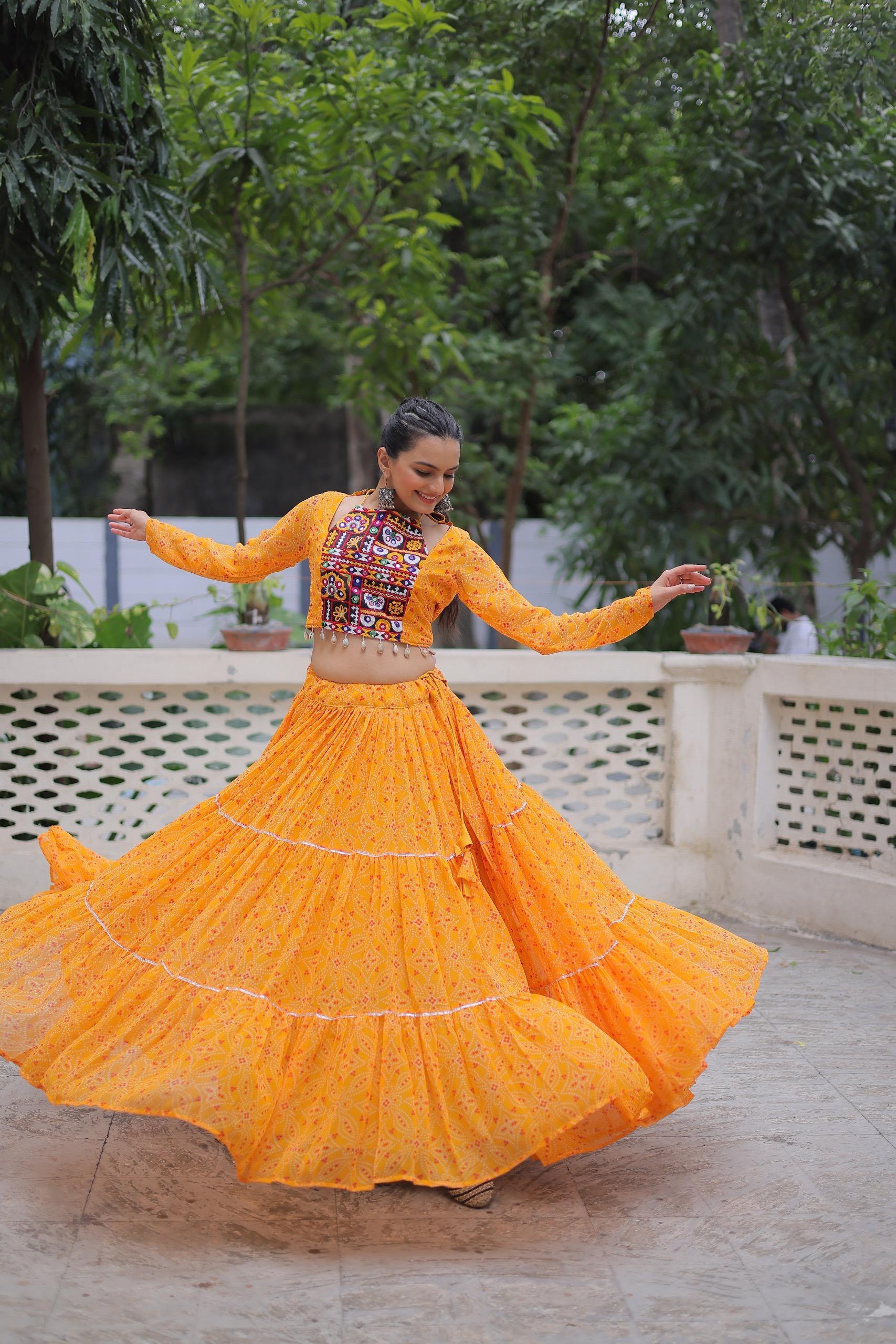 Yellow Georgette Bandhej Print Lehenga with Gotta Patti Work