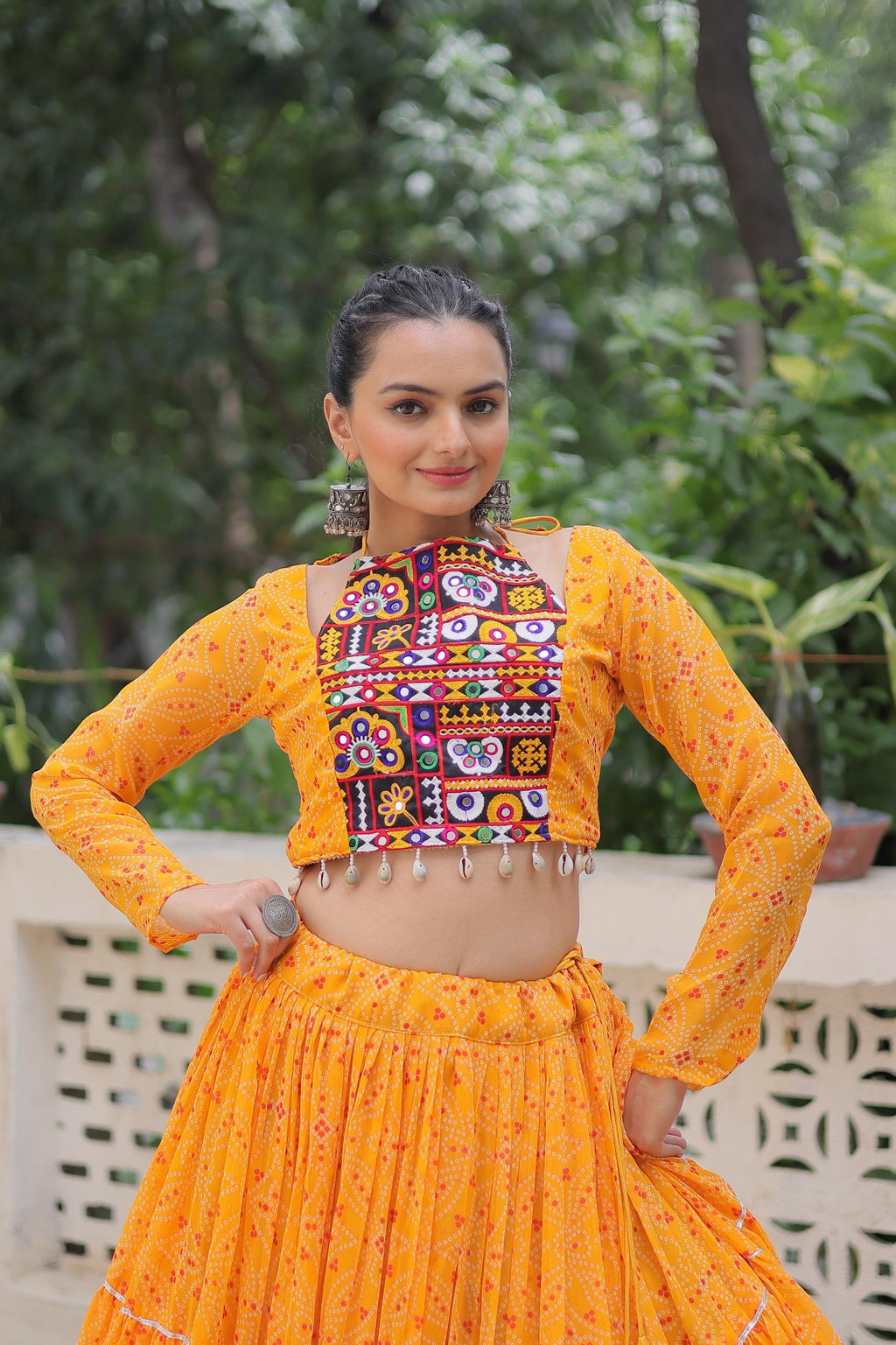Yellow Georgette Bandhej Print Lehenga with Gotta Patti Work