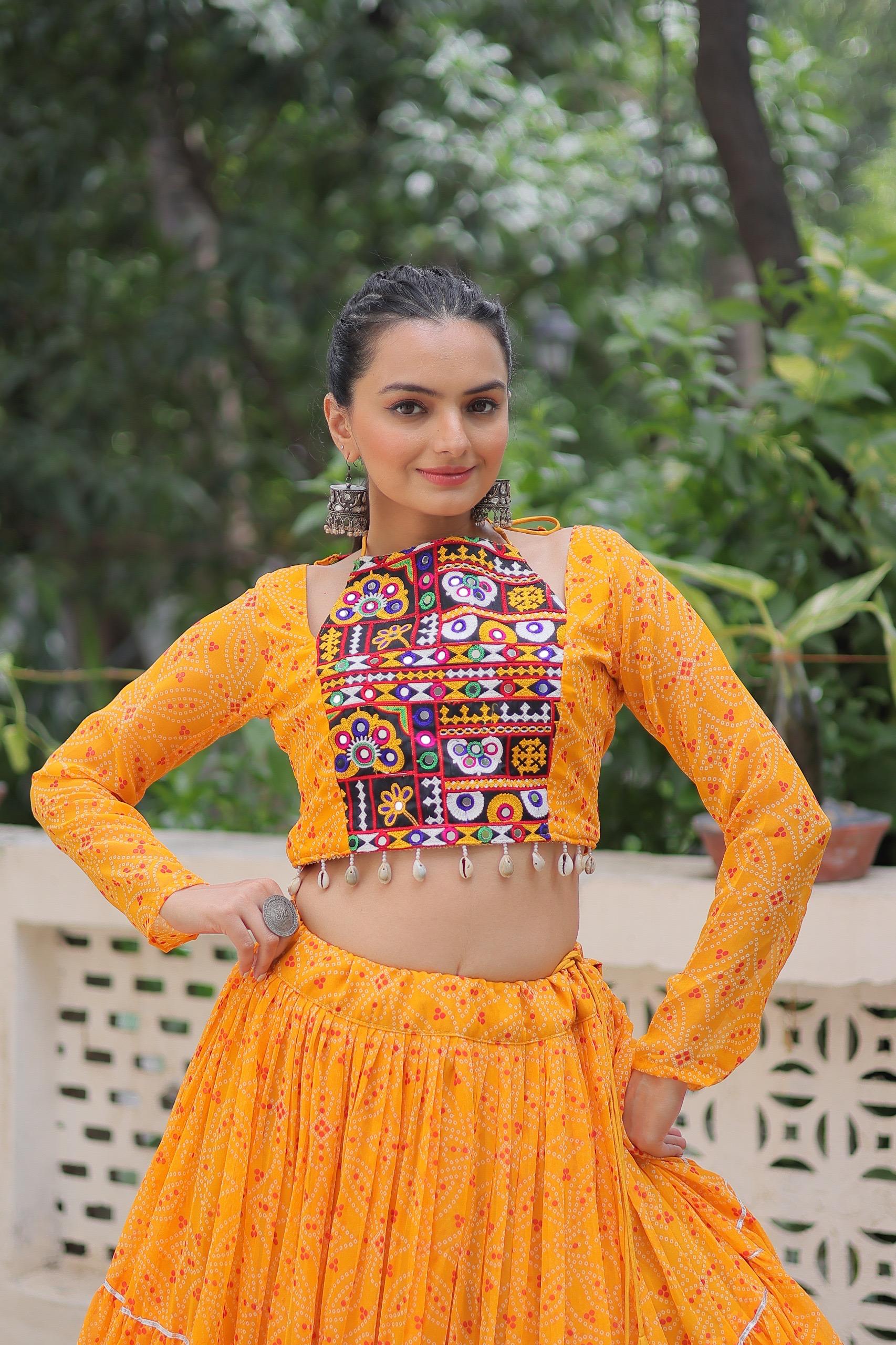 Yellow Georgette Bandhej Print Lehenga with Gotta Patti Work