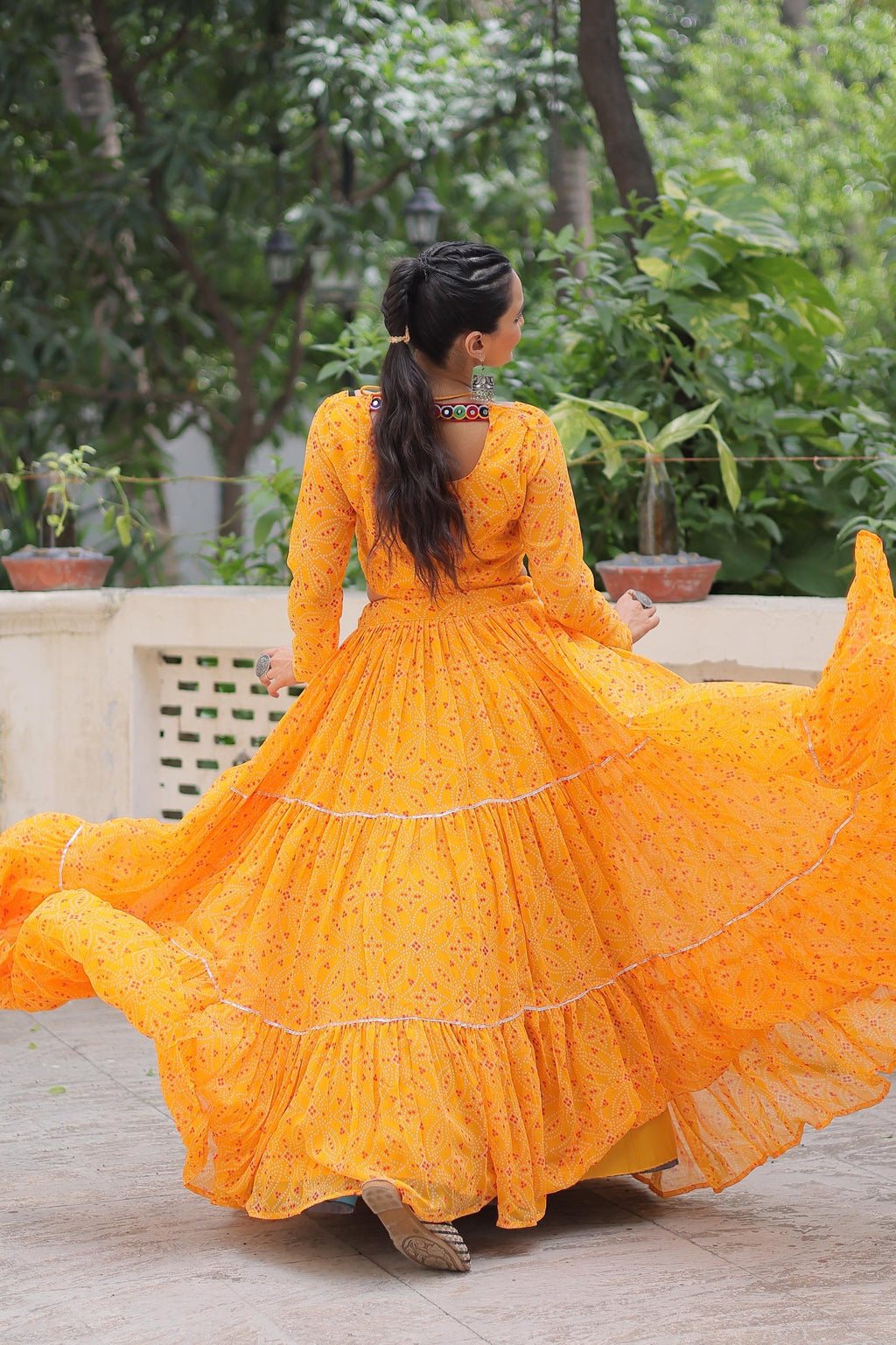 Yellow Georgette Bandhej Print Lehenga with Gotta Patti Work
