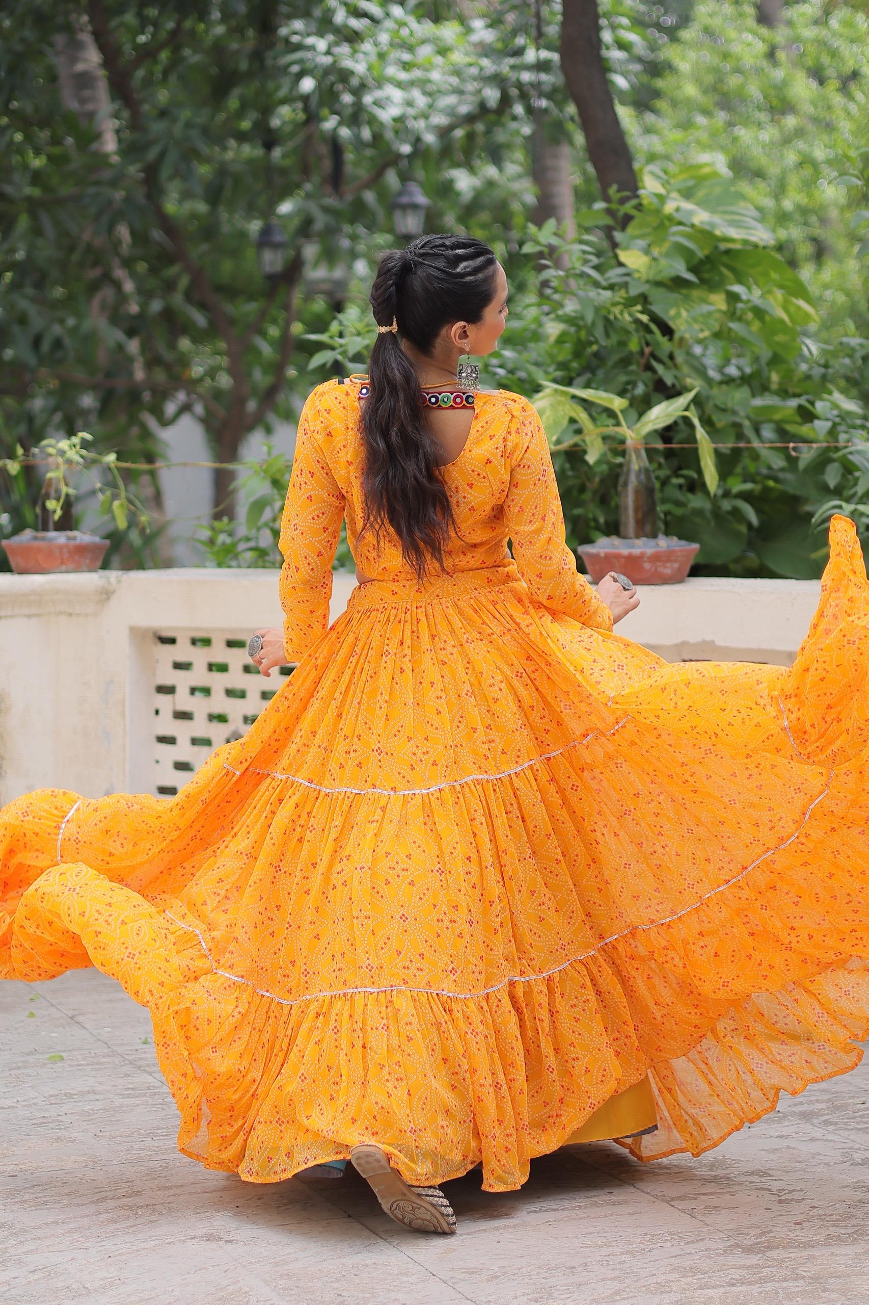 Yellow Georgette Bandhej Print Lehenga with Gotta Patti Work