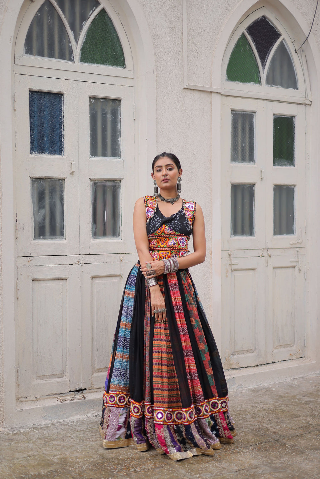 Multicolor georgette lehenga choli with abstract print and Gamthi embroidery