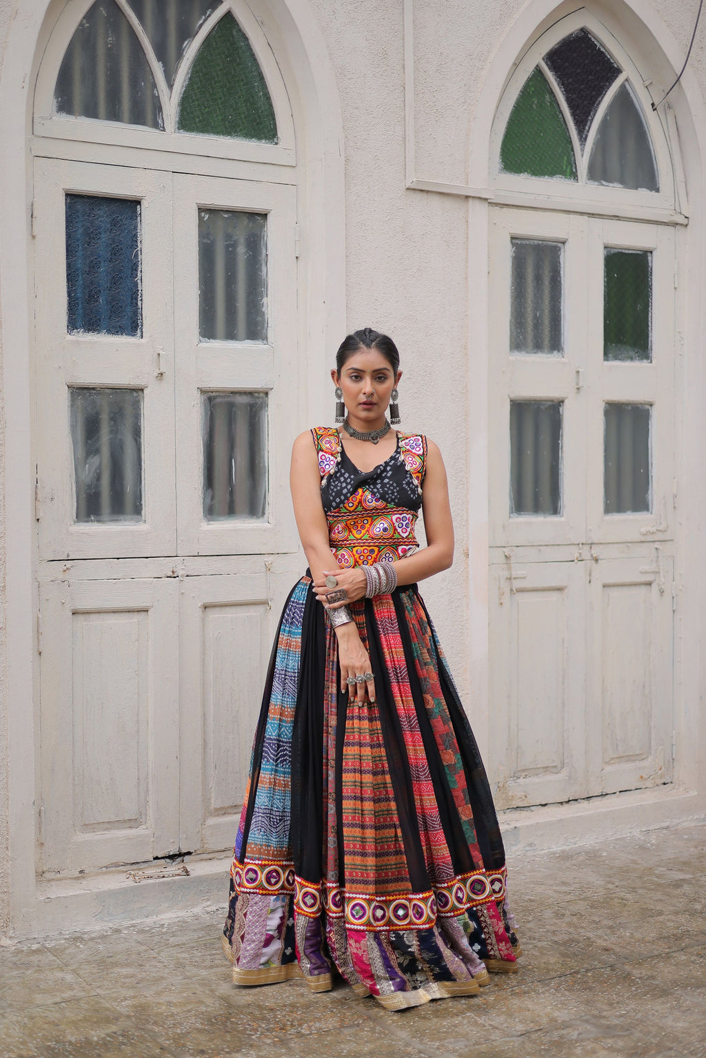 Multicolor Georgette Abstract Print Lehenga Choli with Embroidery