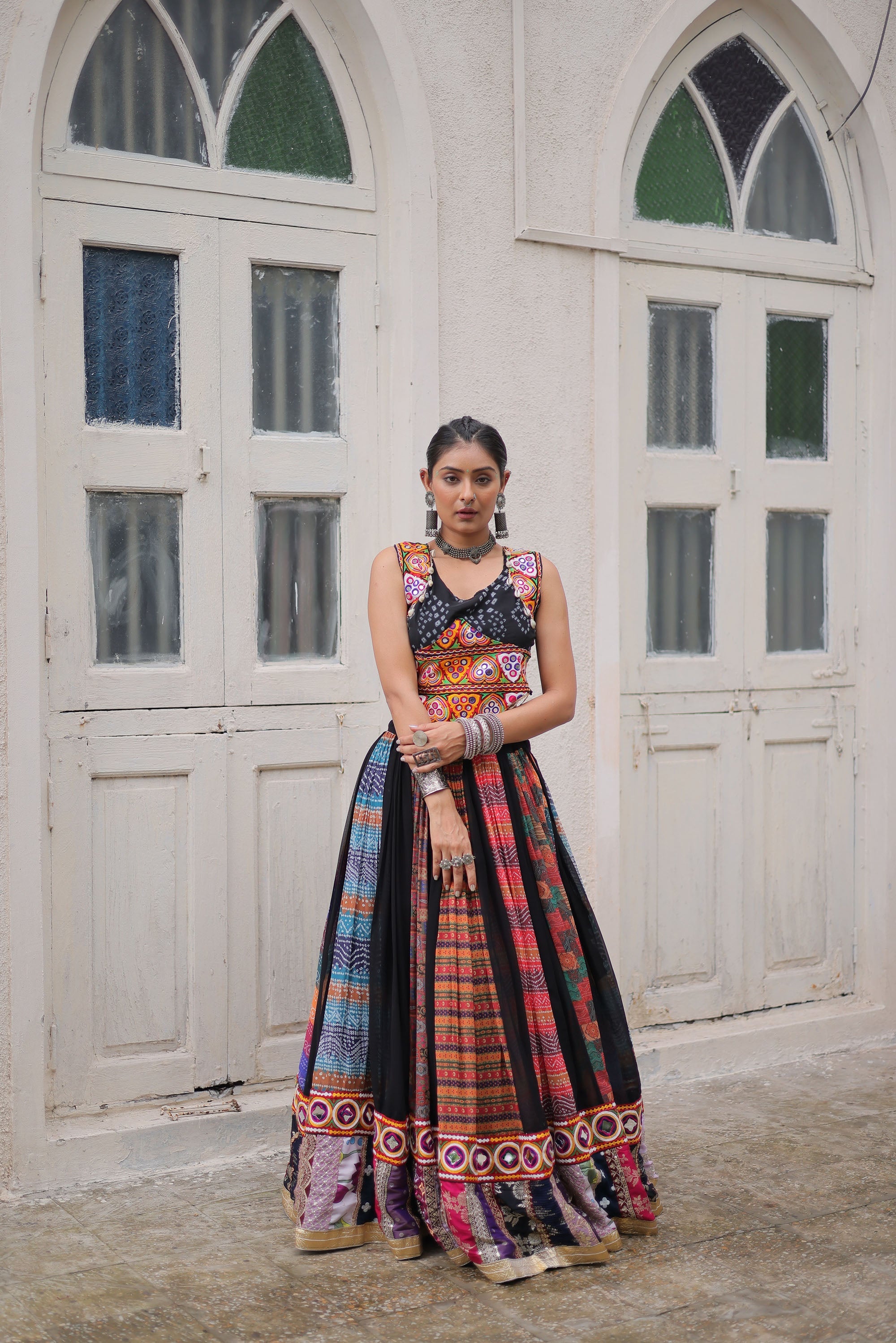 Multicolor Georgette Abstract Print Lehenga Choli with Embroidery