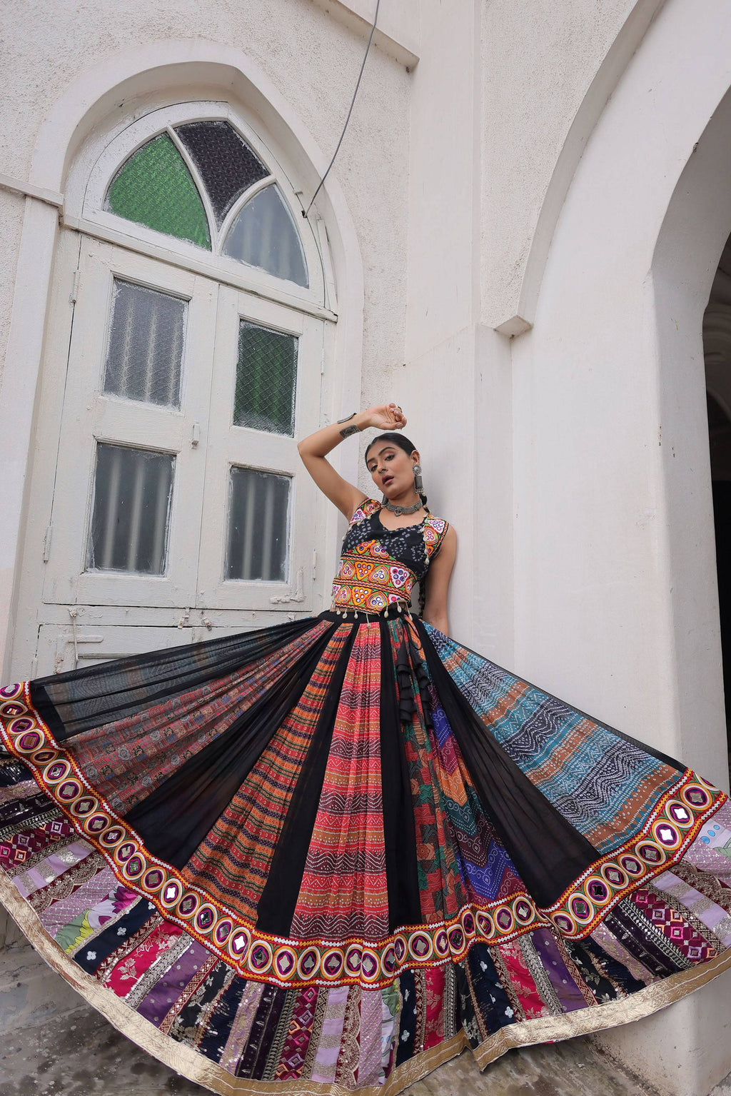 Multicolor Georgette Abstract Print Lehenga Choli with Embroidery