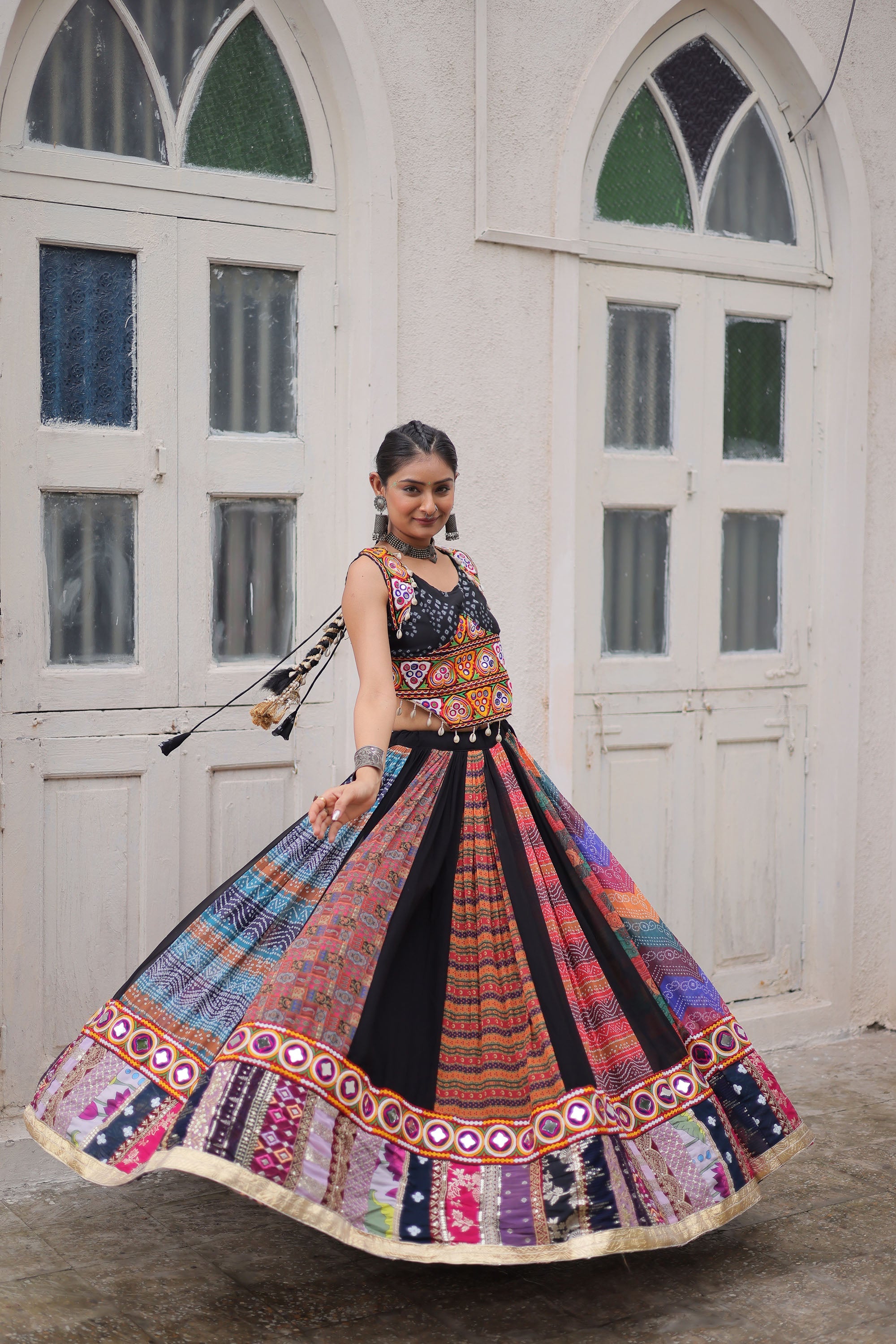 Multicolor Georgette Abstract Print Lehenga Choli with Embroidery