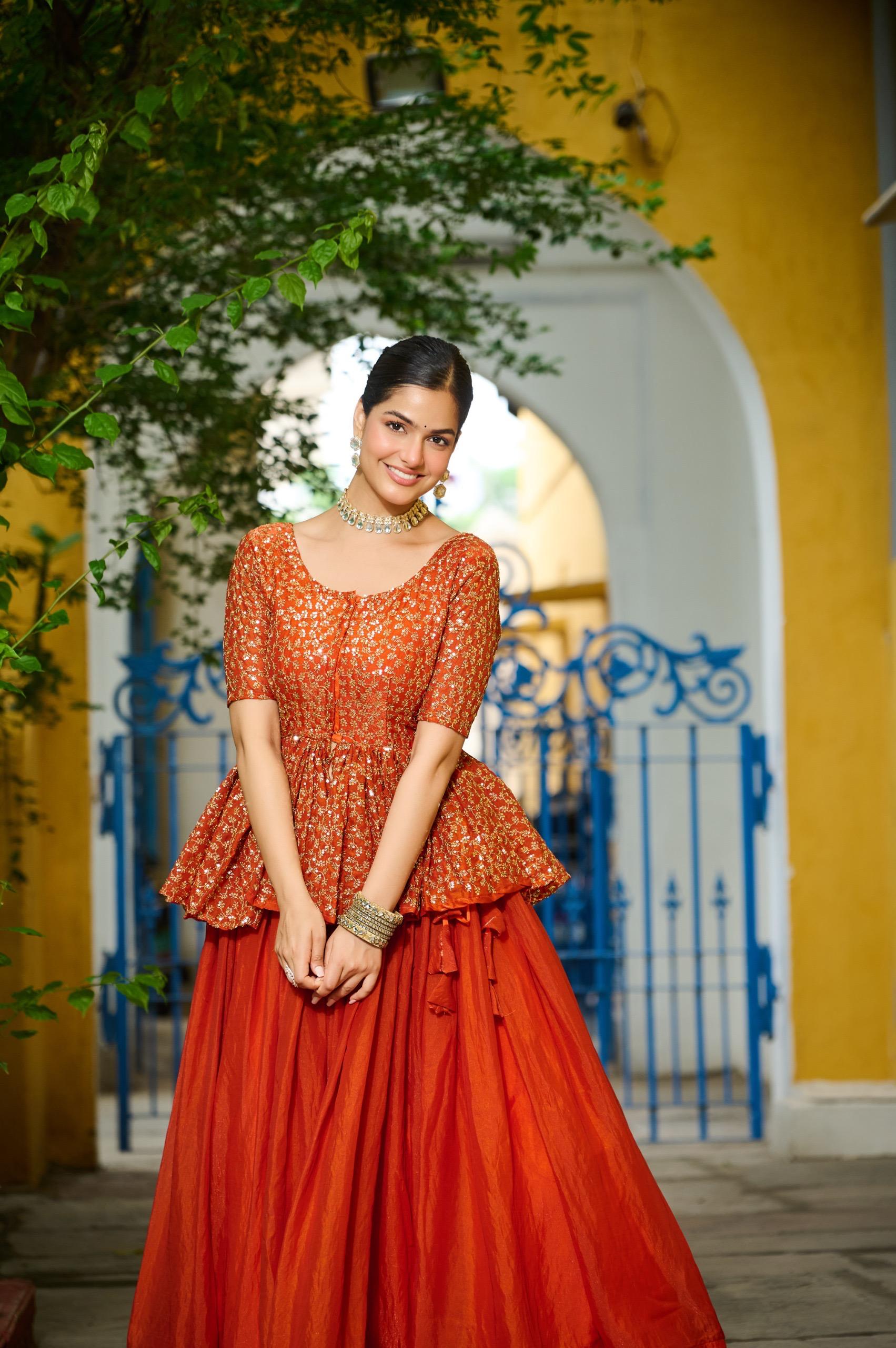 Prazu Fashion Orange Fendy Silk Embroidered Designer Lehenga