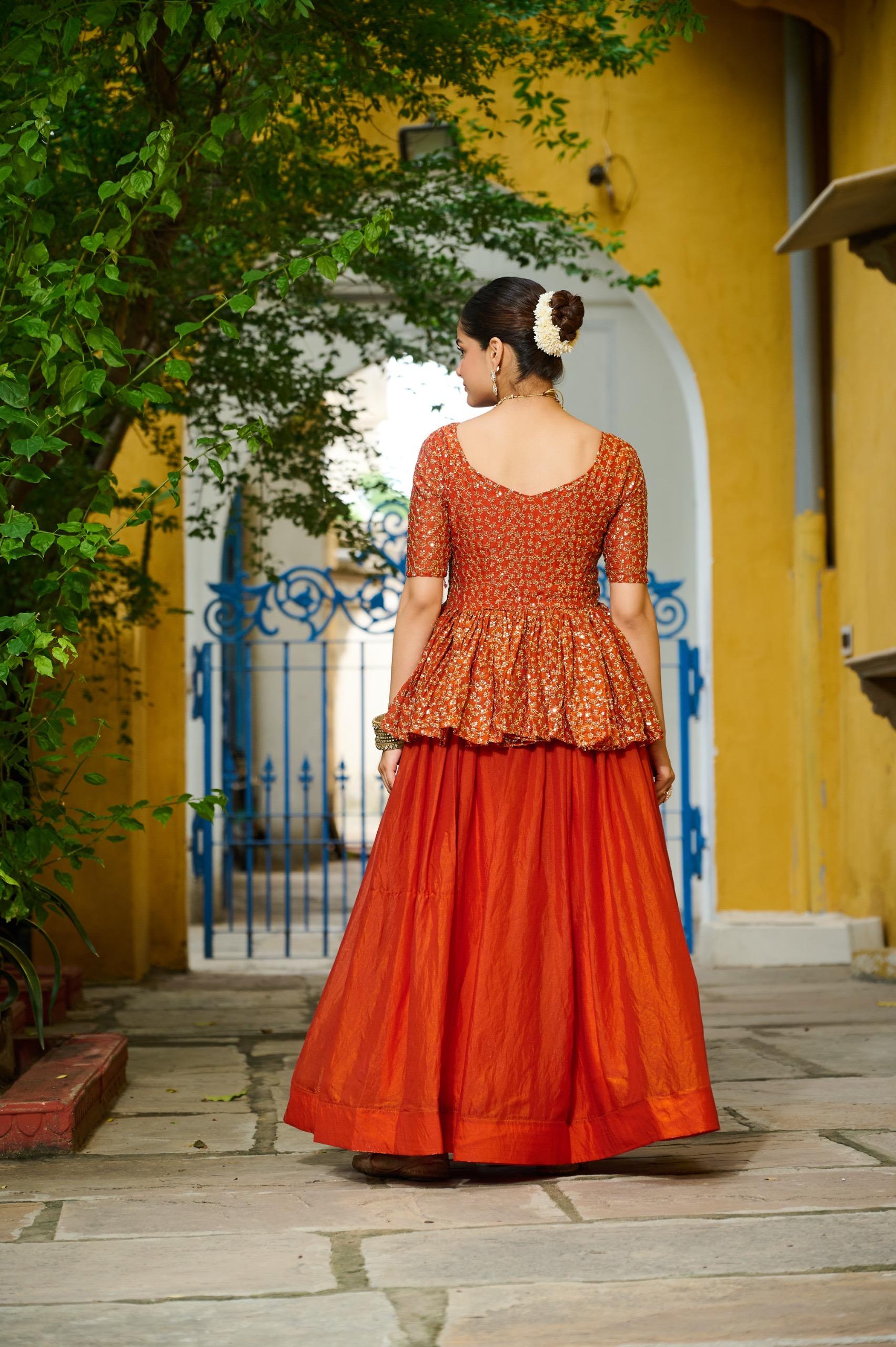 Prazu Fashion Orange Fendy Silk Embroidered Designer Lehenga