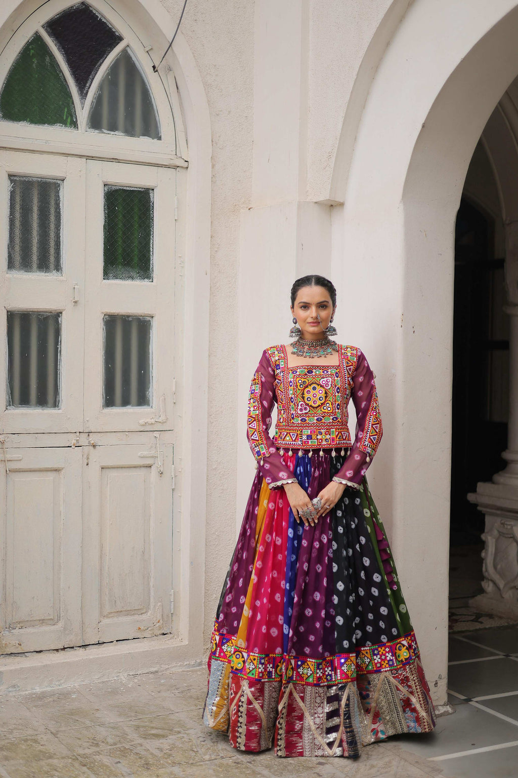Multi Color Georgette Lehenga with Traditional Kutchi Gamthi Work