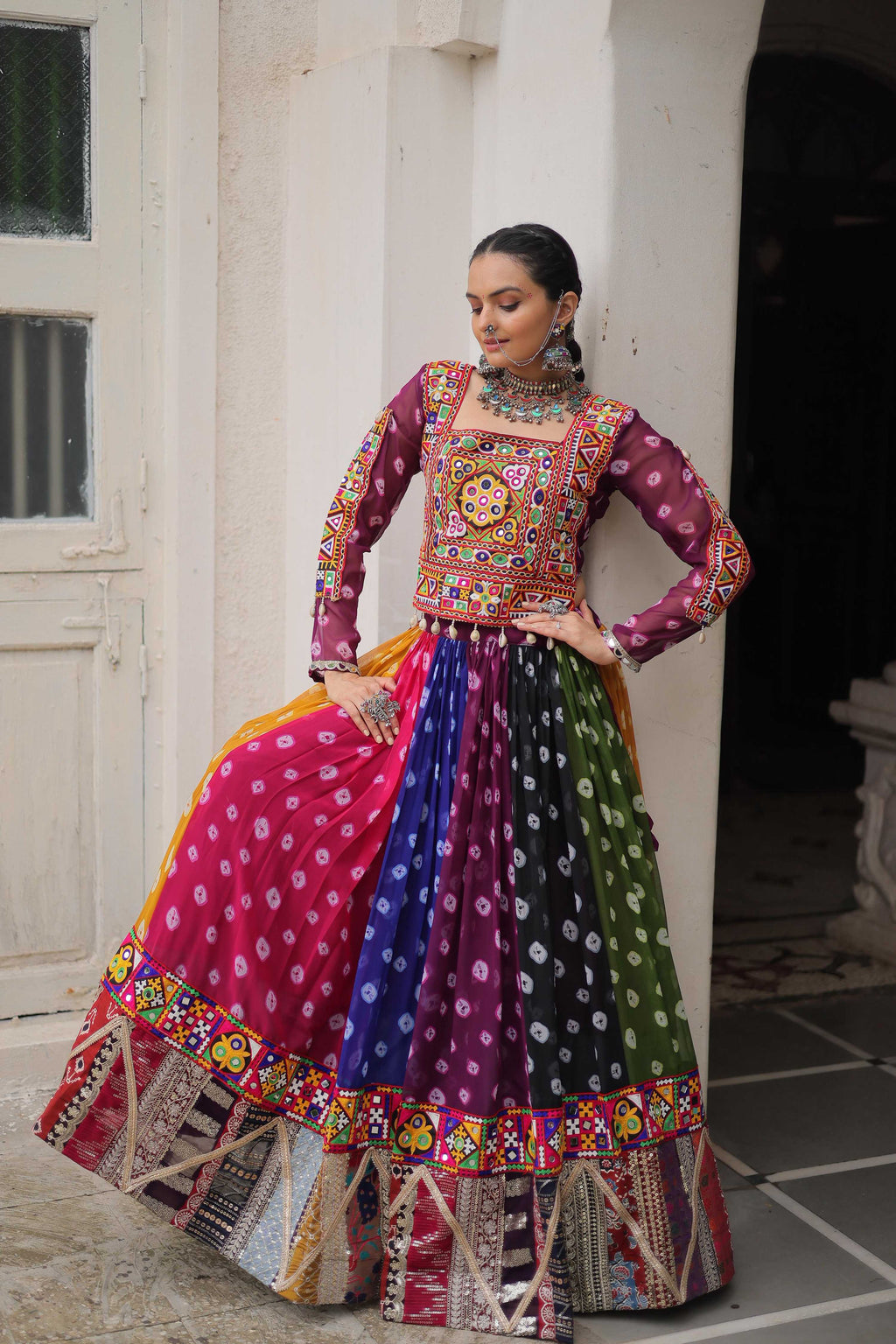 Multi Color Georgette Lehenga with Traditional Kutchi Gamthi Work