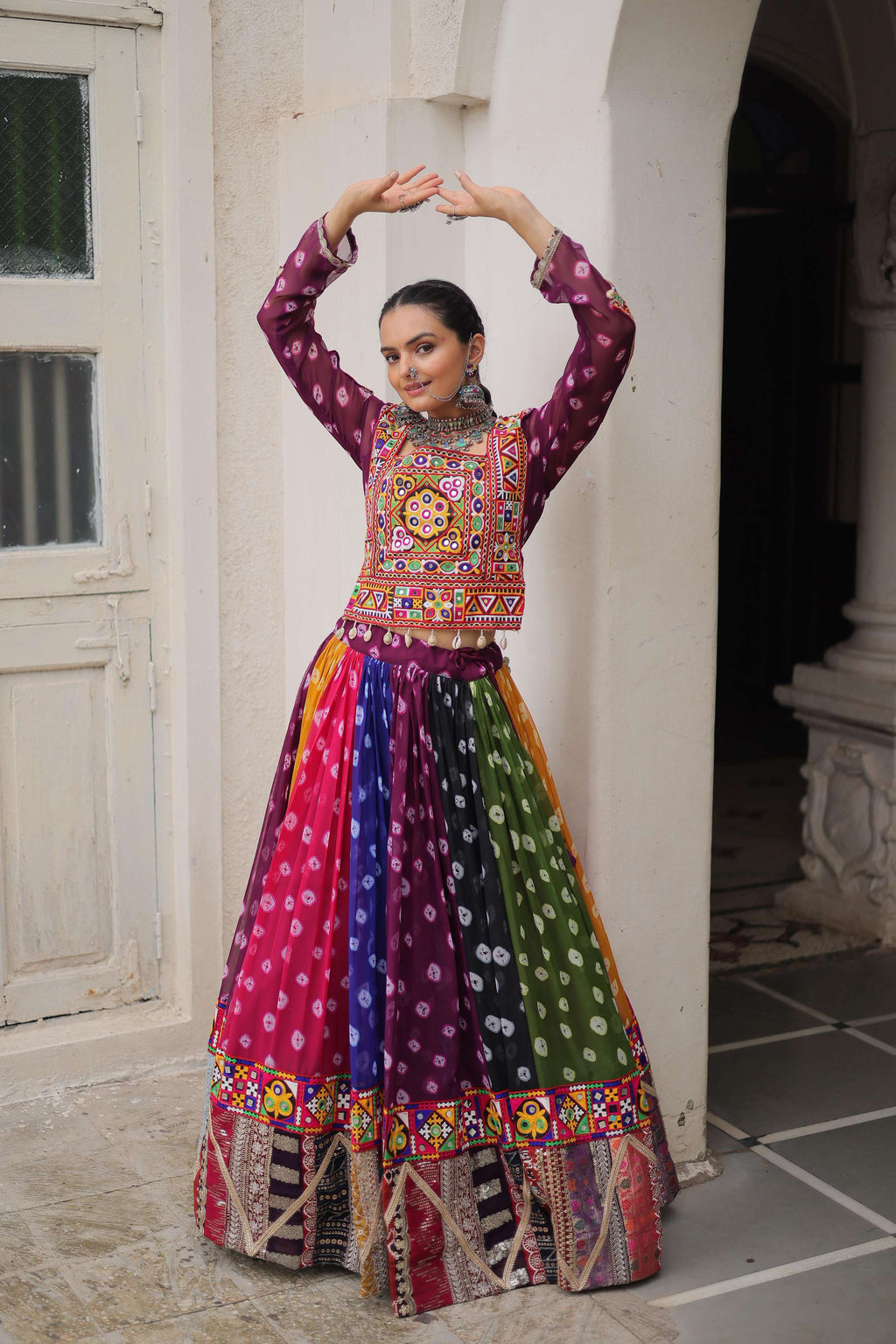 Multi Color Georgette Lehenga with Traditional Kutchi Gamthi Work