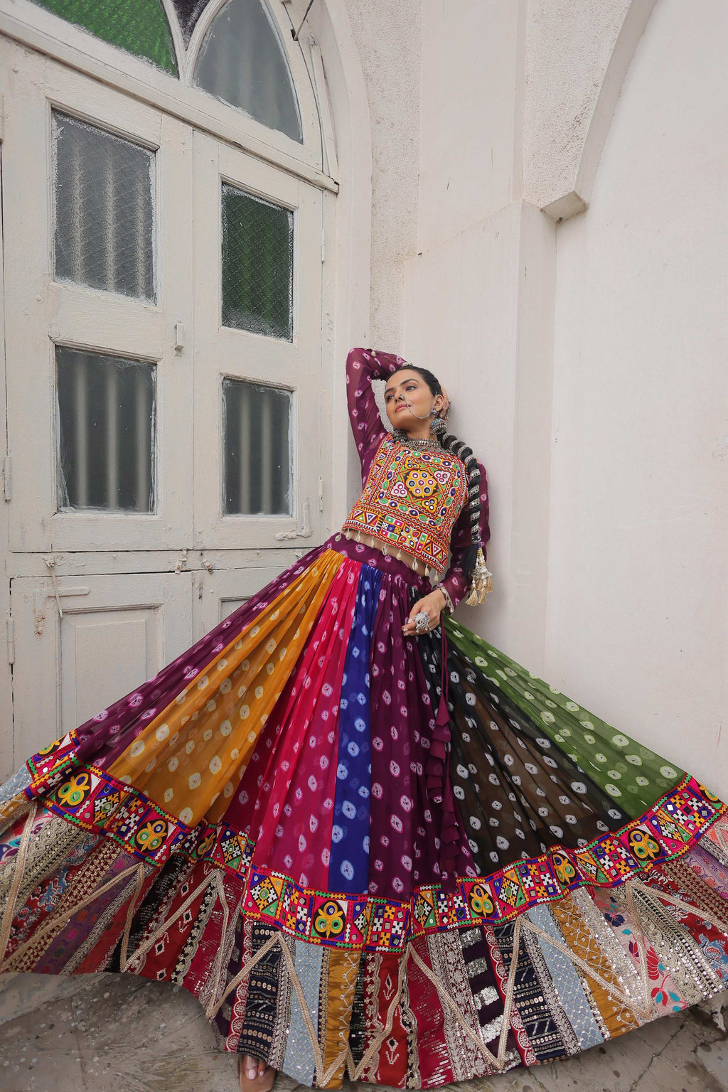 Multi Color Georgette Lehenga with Traditional Kutchi Gamthi Work