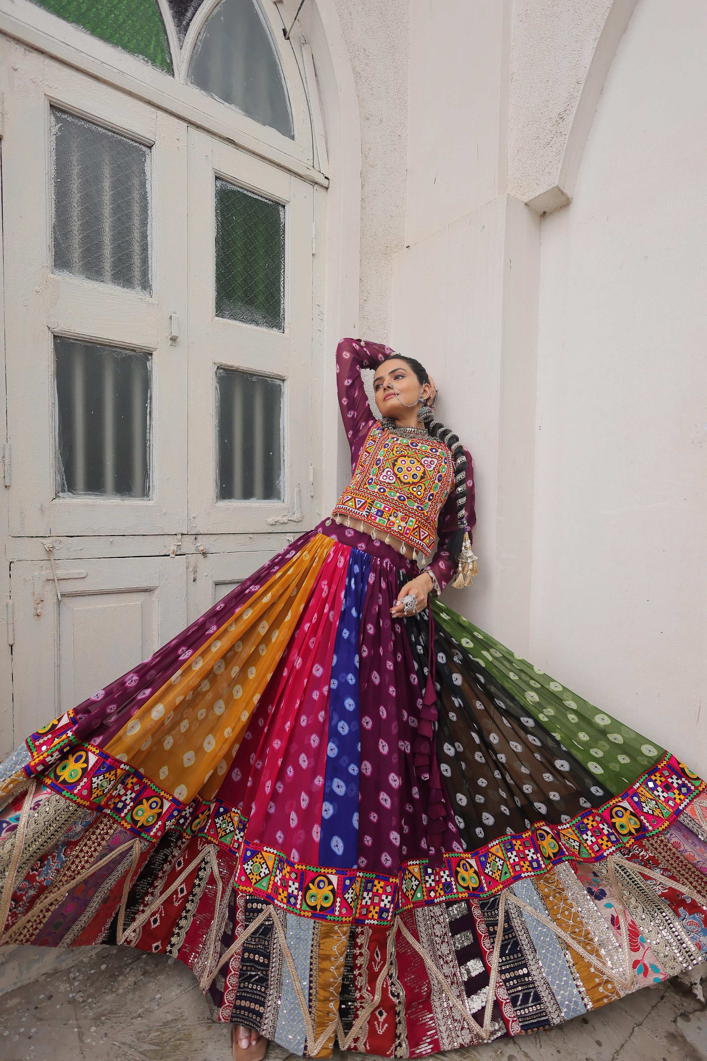 Multi Color Georgette Lehenga with Traditional Kutchi Gamthi Work