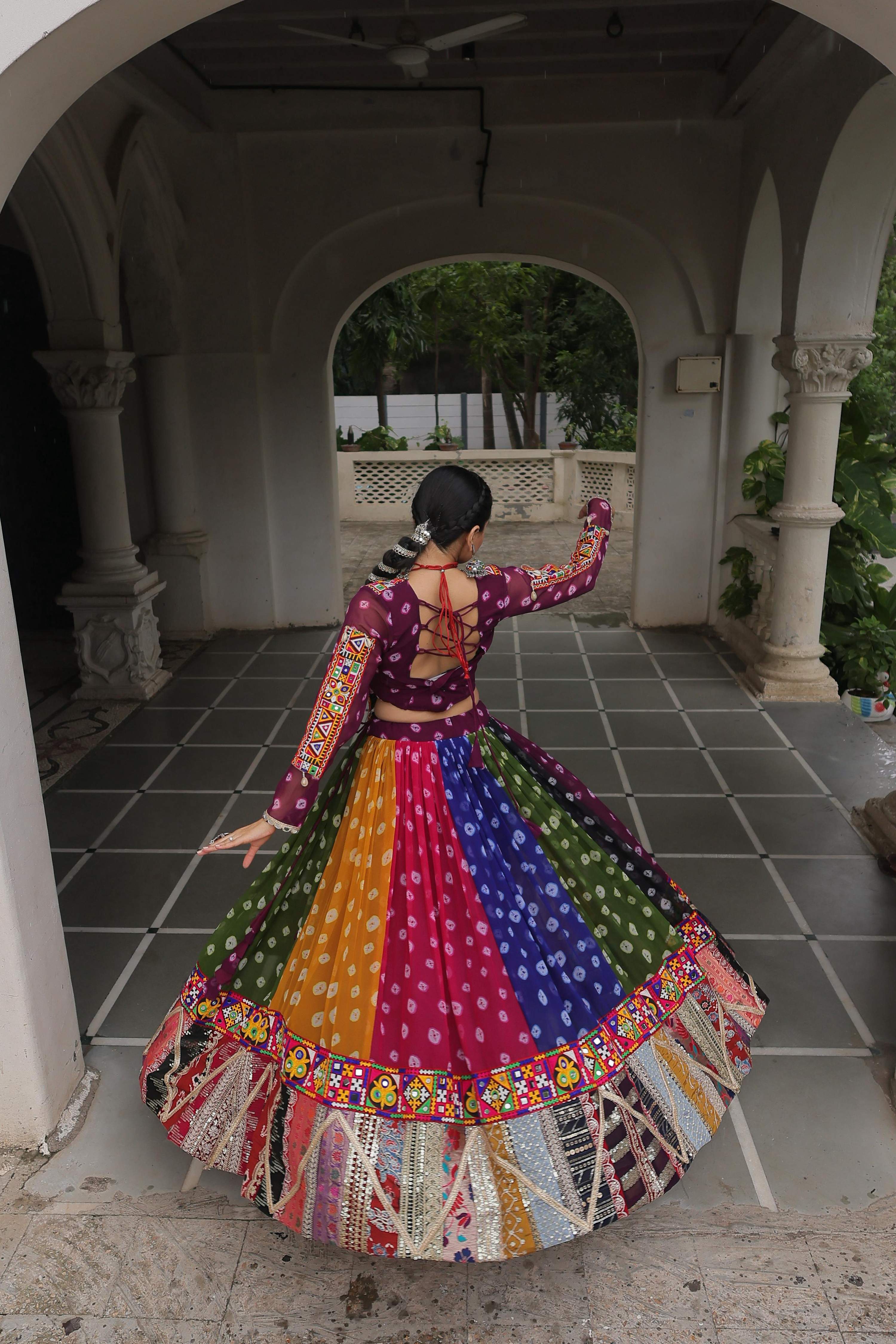 Multi Color Georgette Lehenga with Traditional Kutchi Gamthi Work