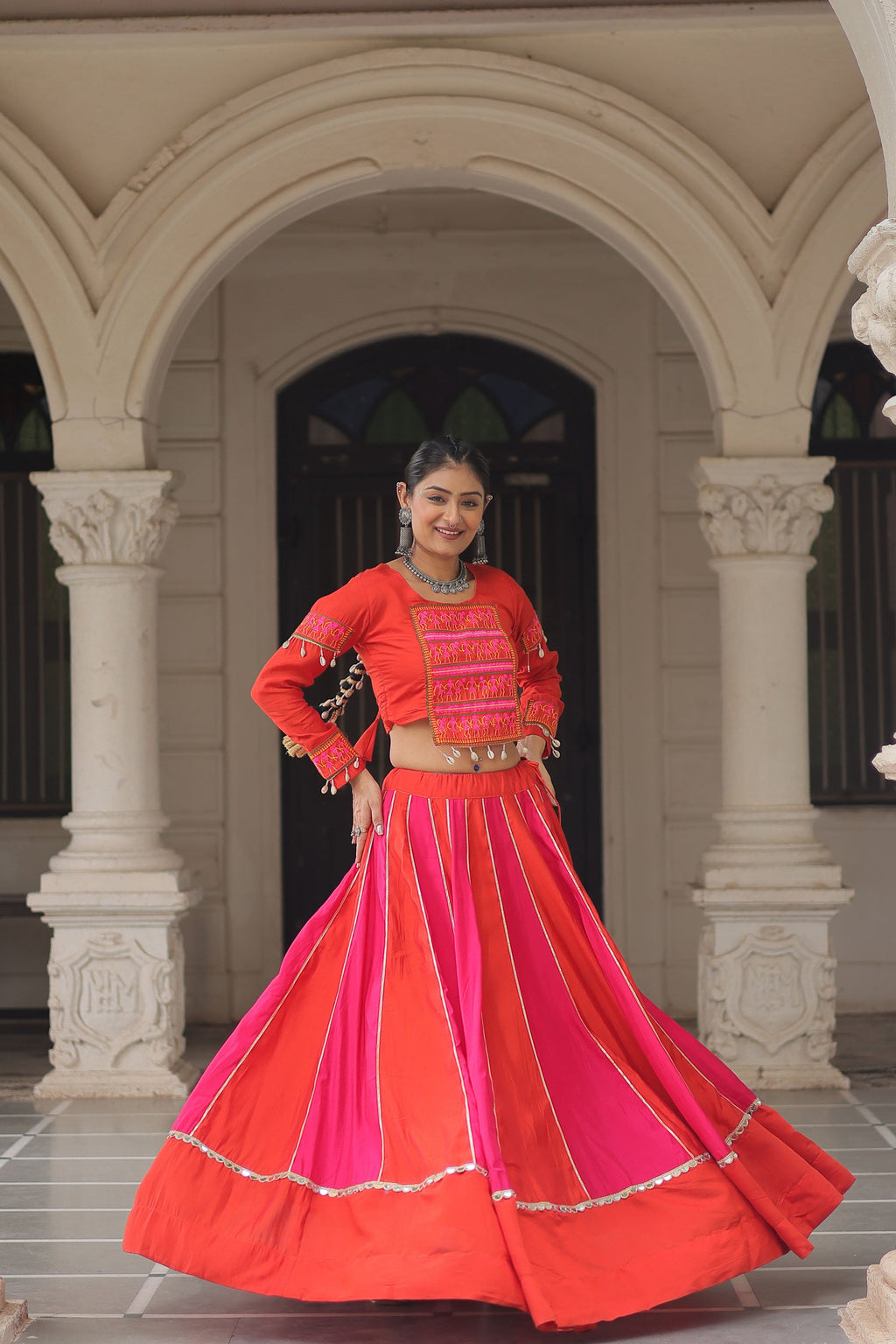 Multicolor Roman Silk Lehenga Choli with Mirror Lace Embellishments