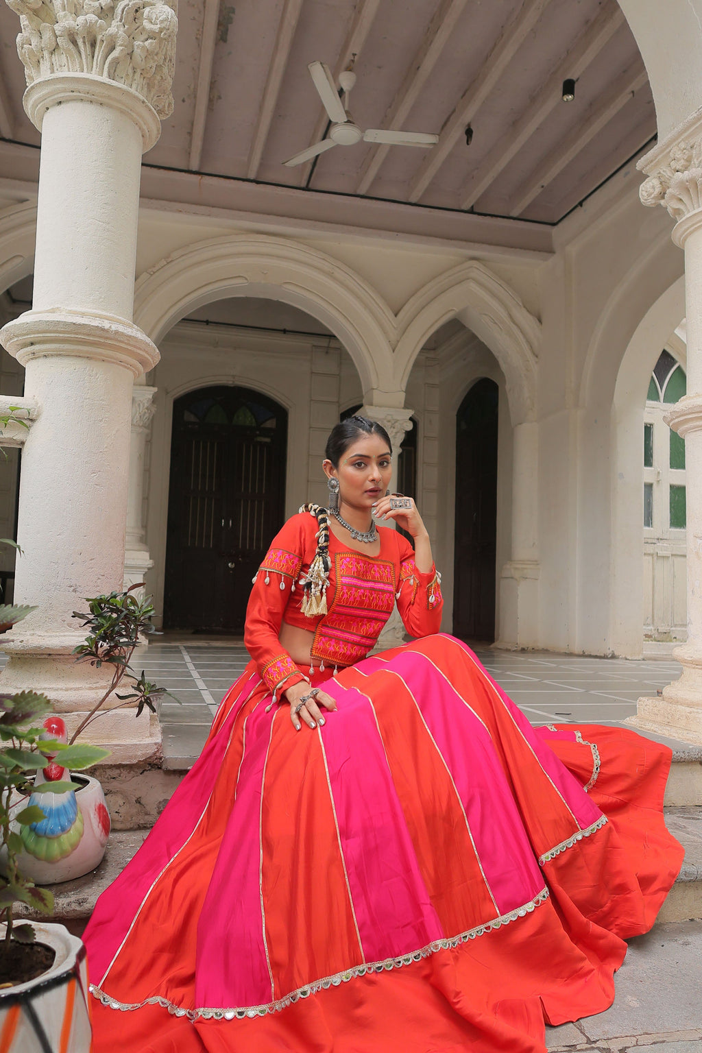 Multicolor Roman Silk Lehenga Choli with Mirror Lace Embellishments