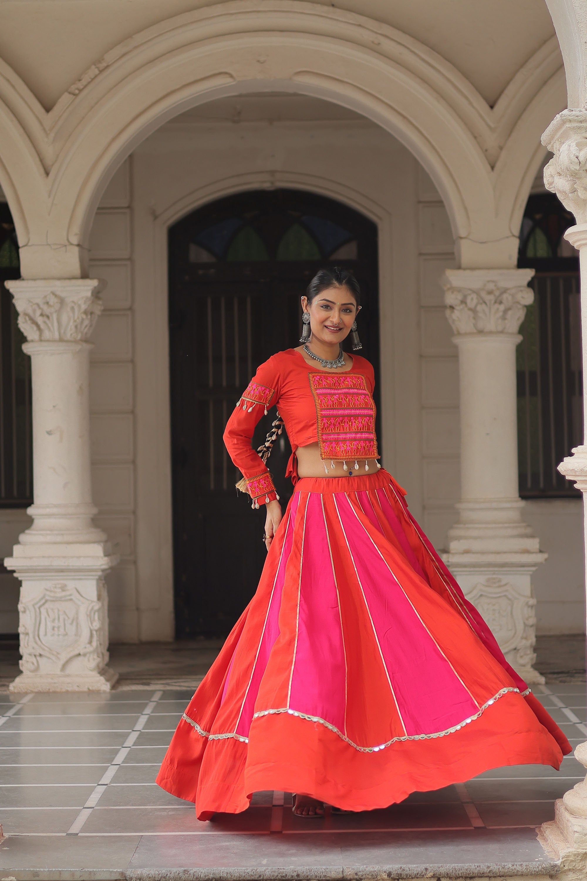 Multicolor Roman Silk Lehenga Choli with Mirror Lace Embellishments