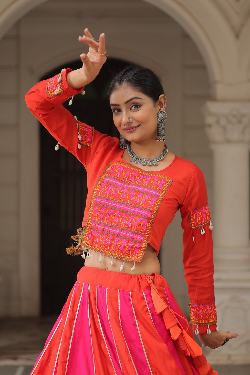 Multicolor Roman Silk Lehenga Choli with Mirror Lace Embellishments