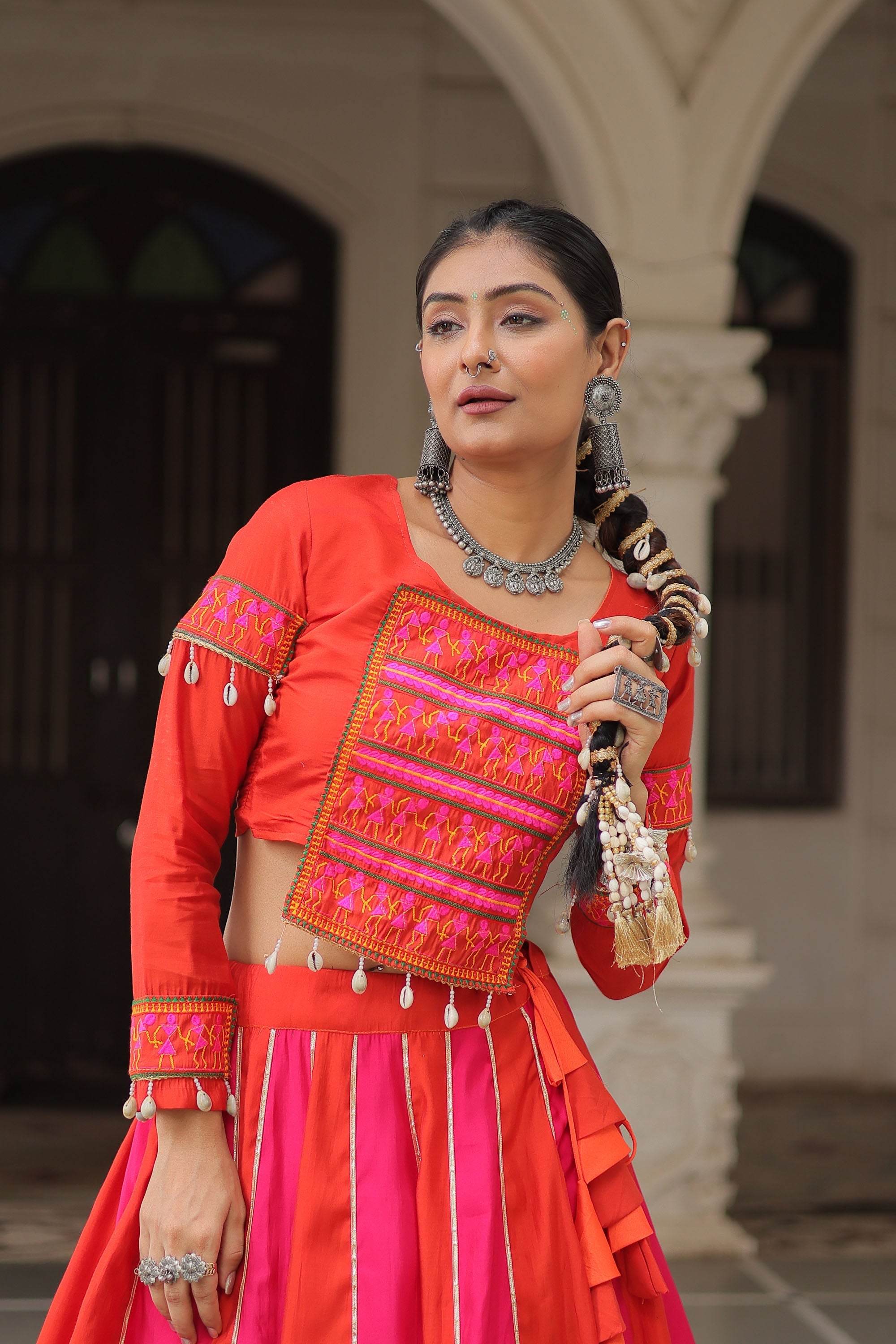 Multicolor Roman Silk Lehenga Choli with Mirror Lace Embellishments