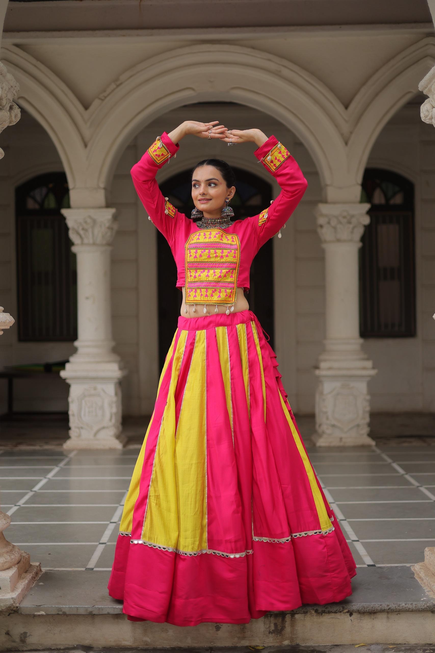 Prazu Fashion Pink Roman With Gamthi Thread Embroidered Work Lehenga For Navratri