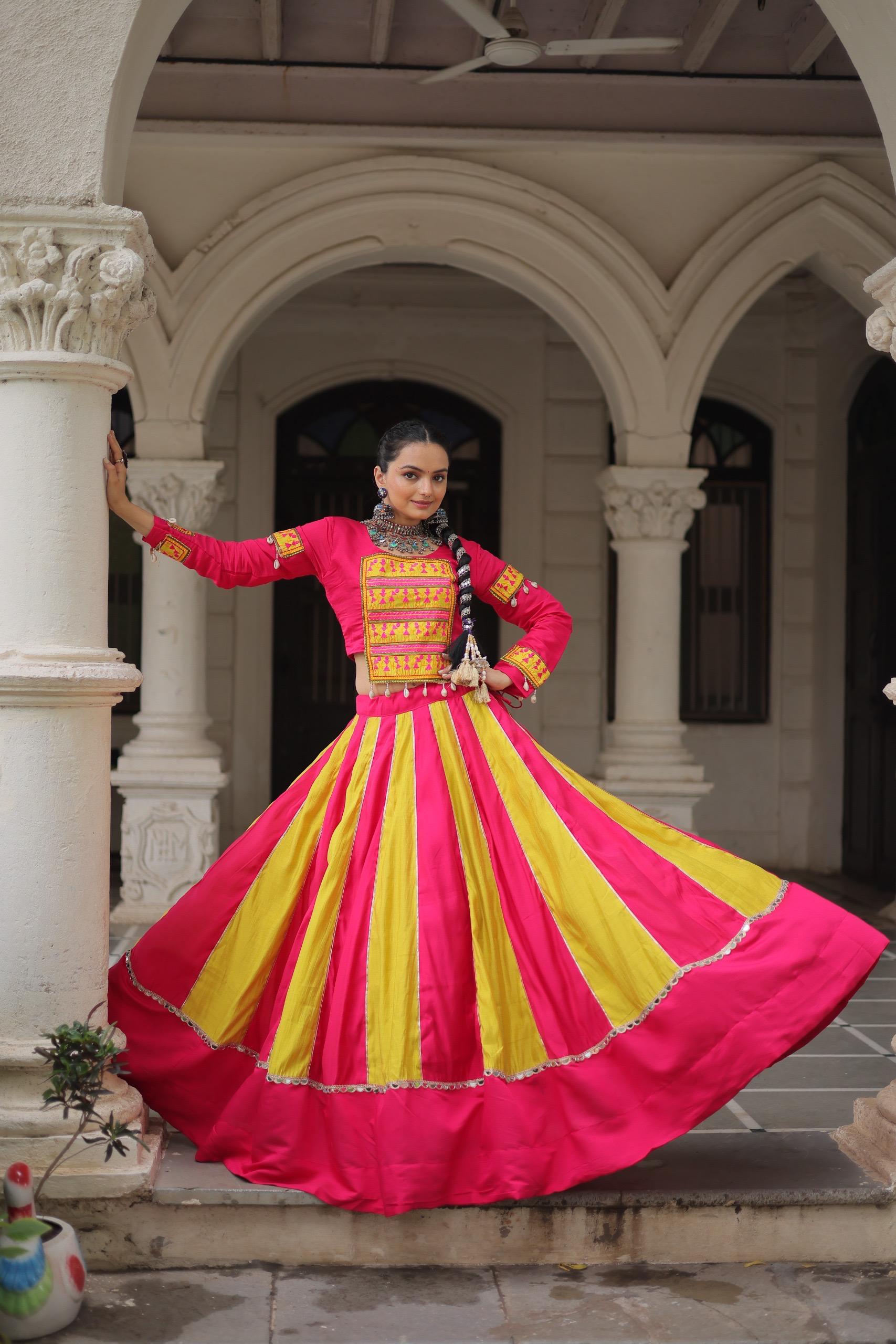 Prazu Fashion Pink Roman With Gamthi Thread Embroidered Work Lehenga For Navratri