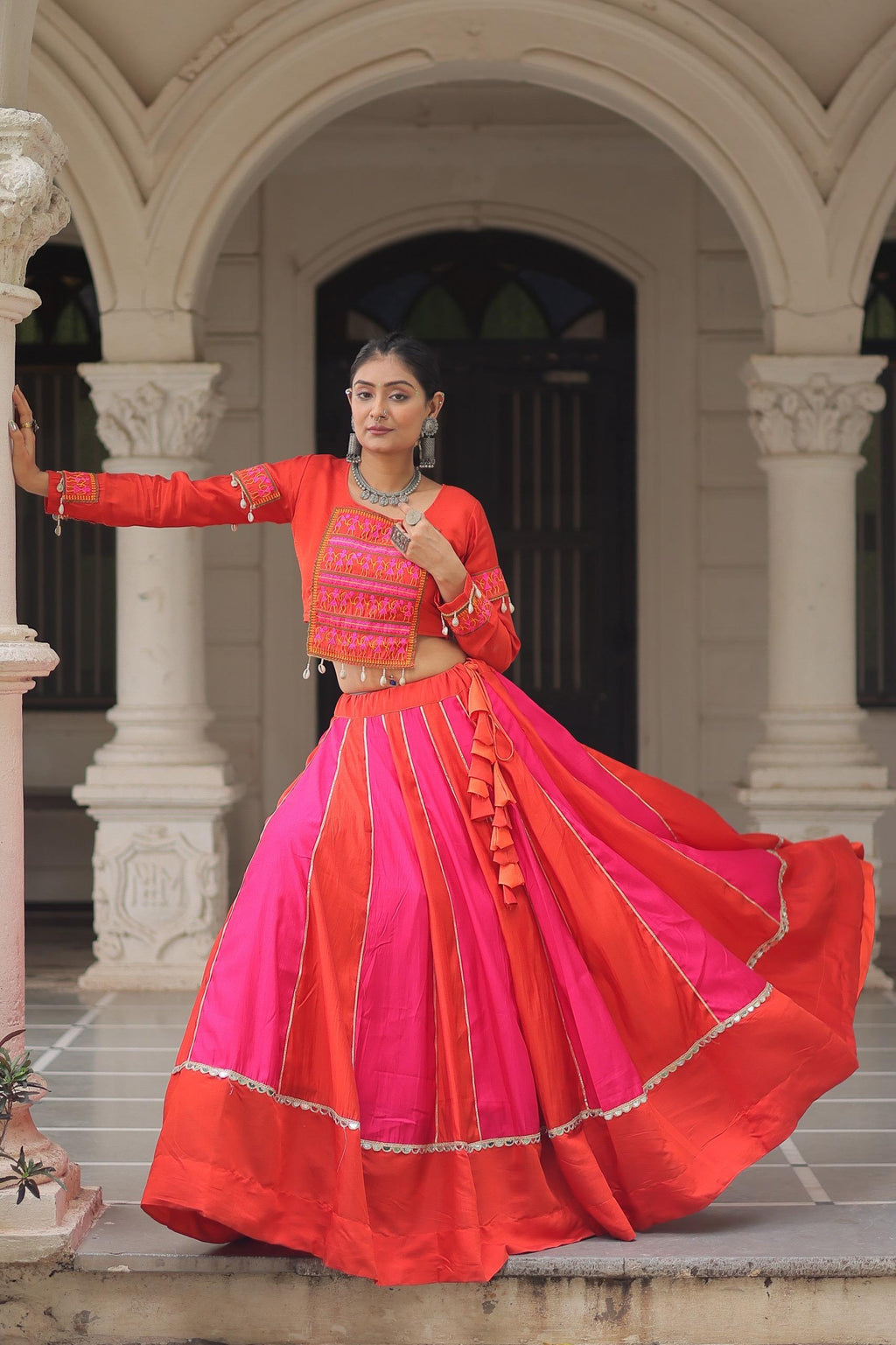 Red Roman Lehenga with Gamthi Thread Embroidery and Mirror