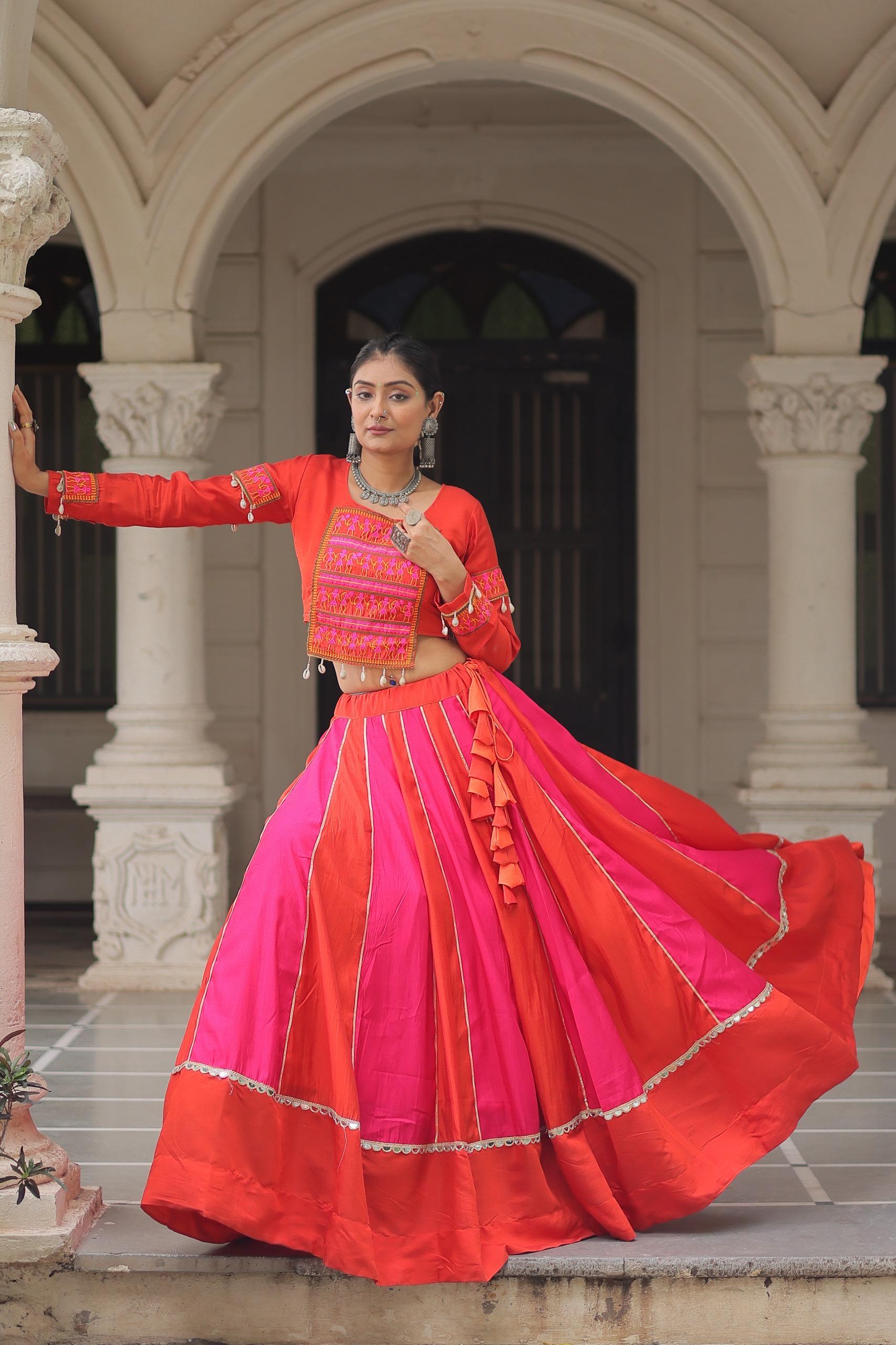 Red Roman Lehenga with Gamthi Thread Embroidery and Mirror