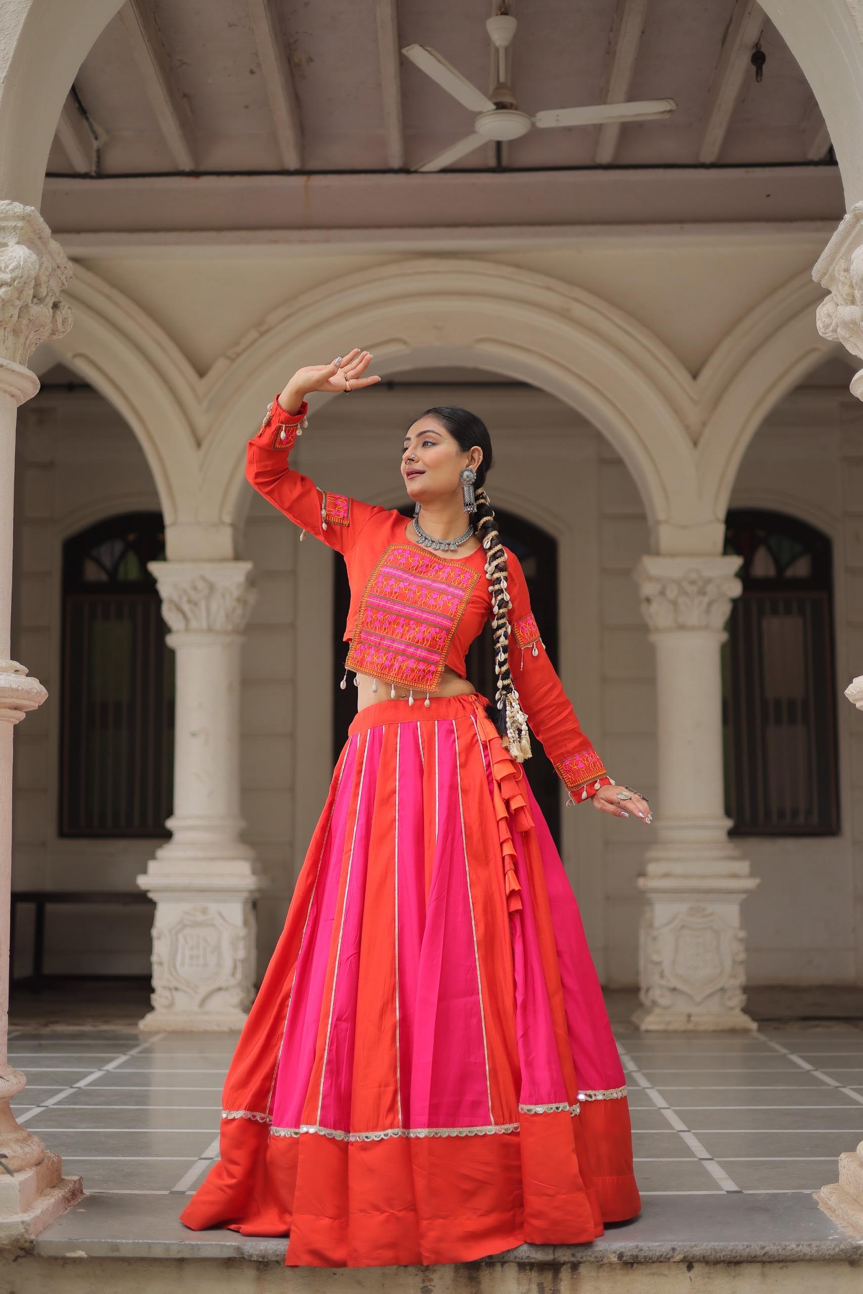 Red Roman Lehenga with Gamthi Thread Embroidery and Mirror