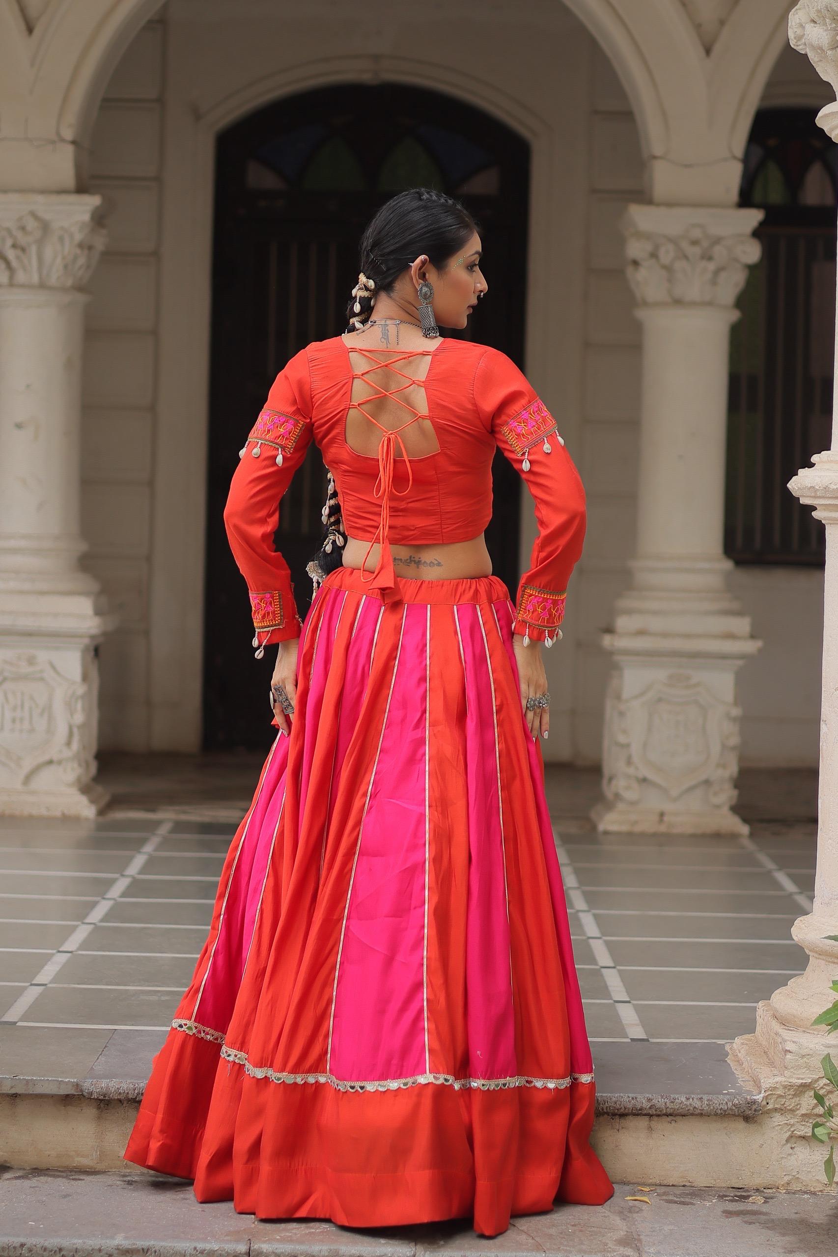 Red Roman Lehenga with Gamthi Thread Embroidery and Mirror