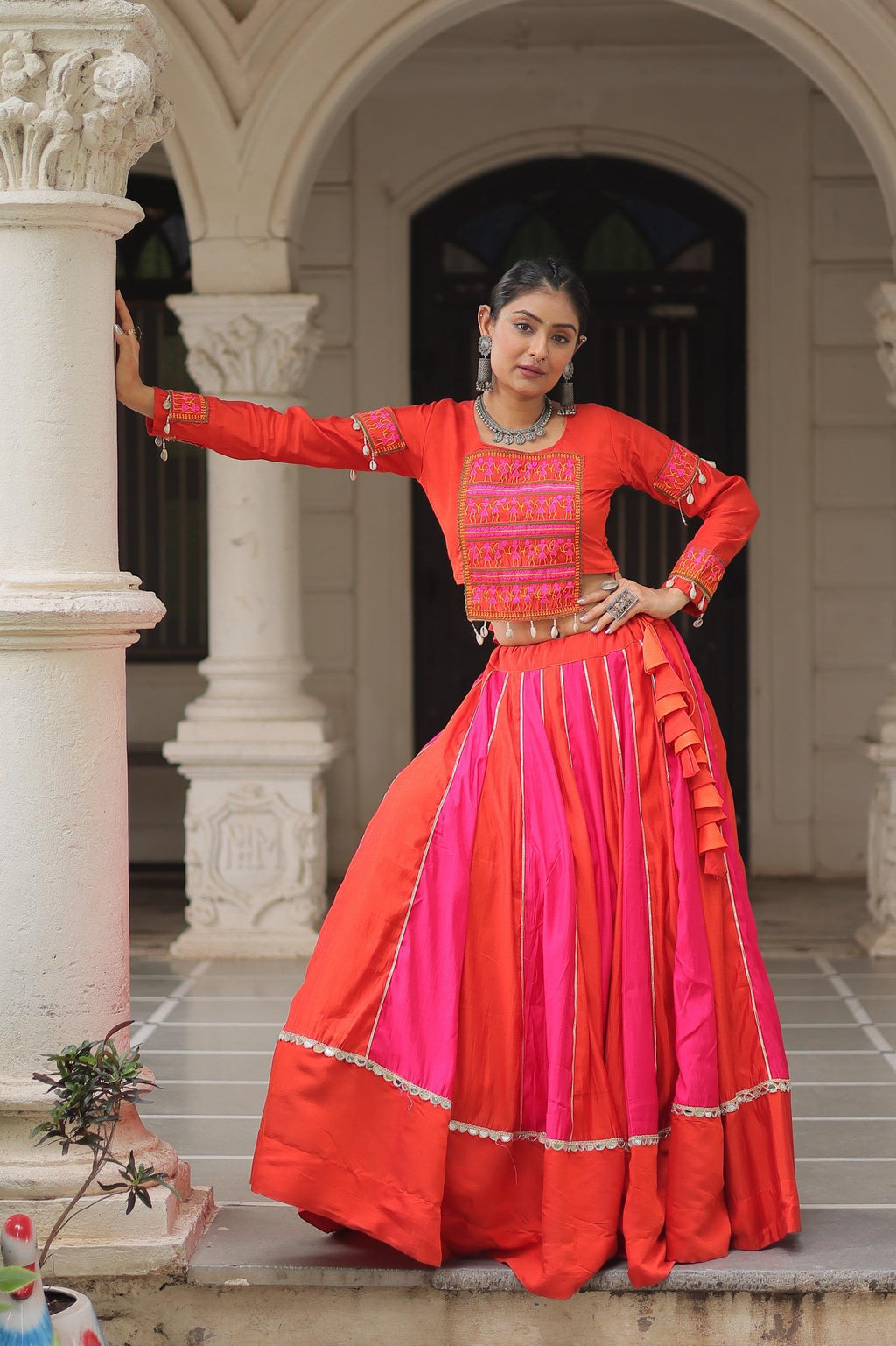Red Roman lehenga with Gamthi thread embroidery and mirror lace details