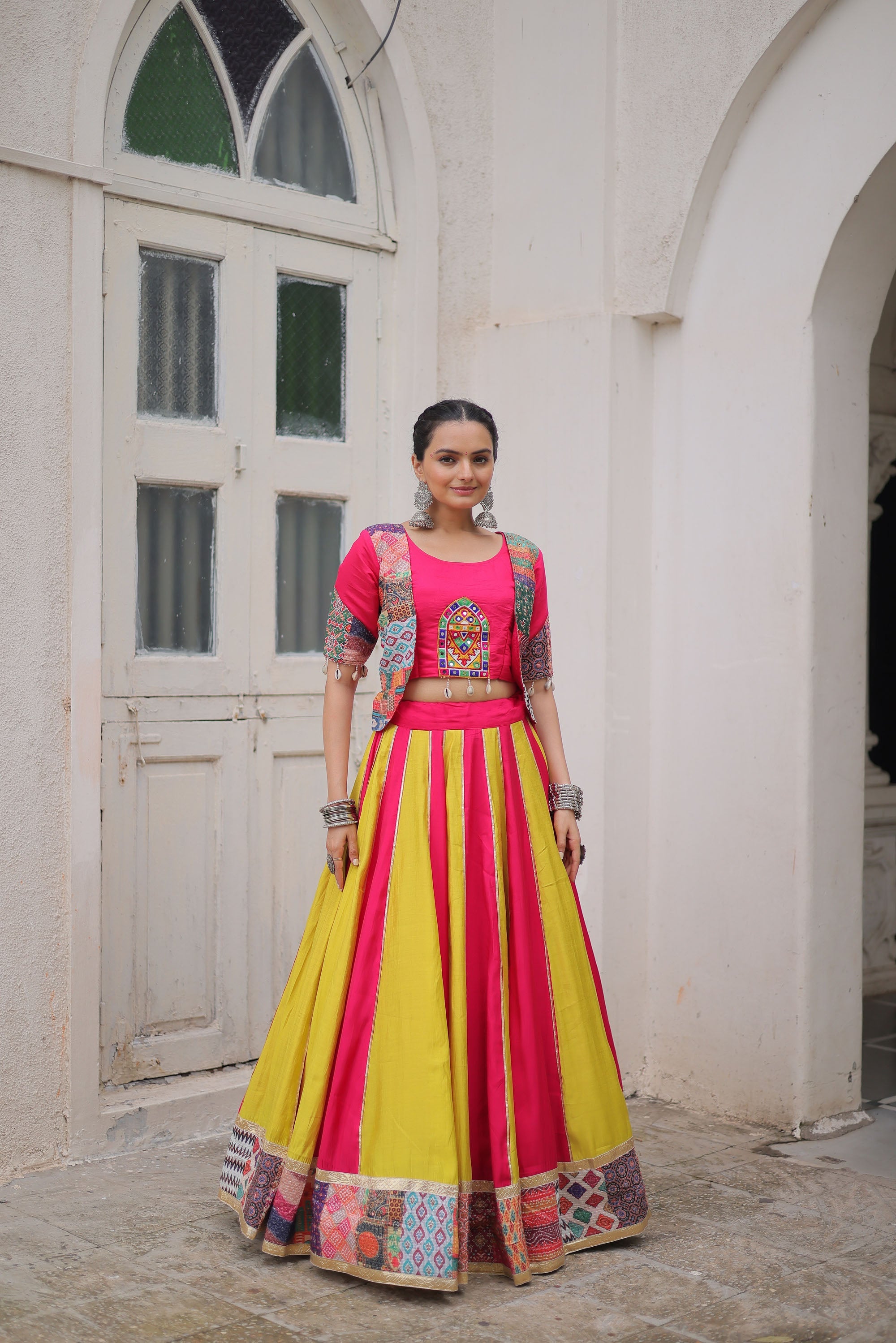 Multicolor Roman Silk Lehenga Choli with Maslin Crochet & Gotta Lace