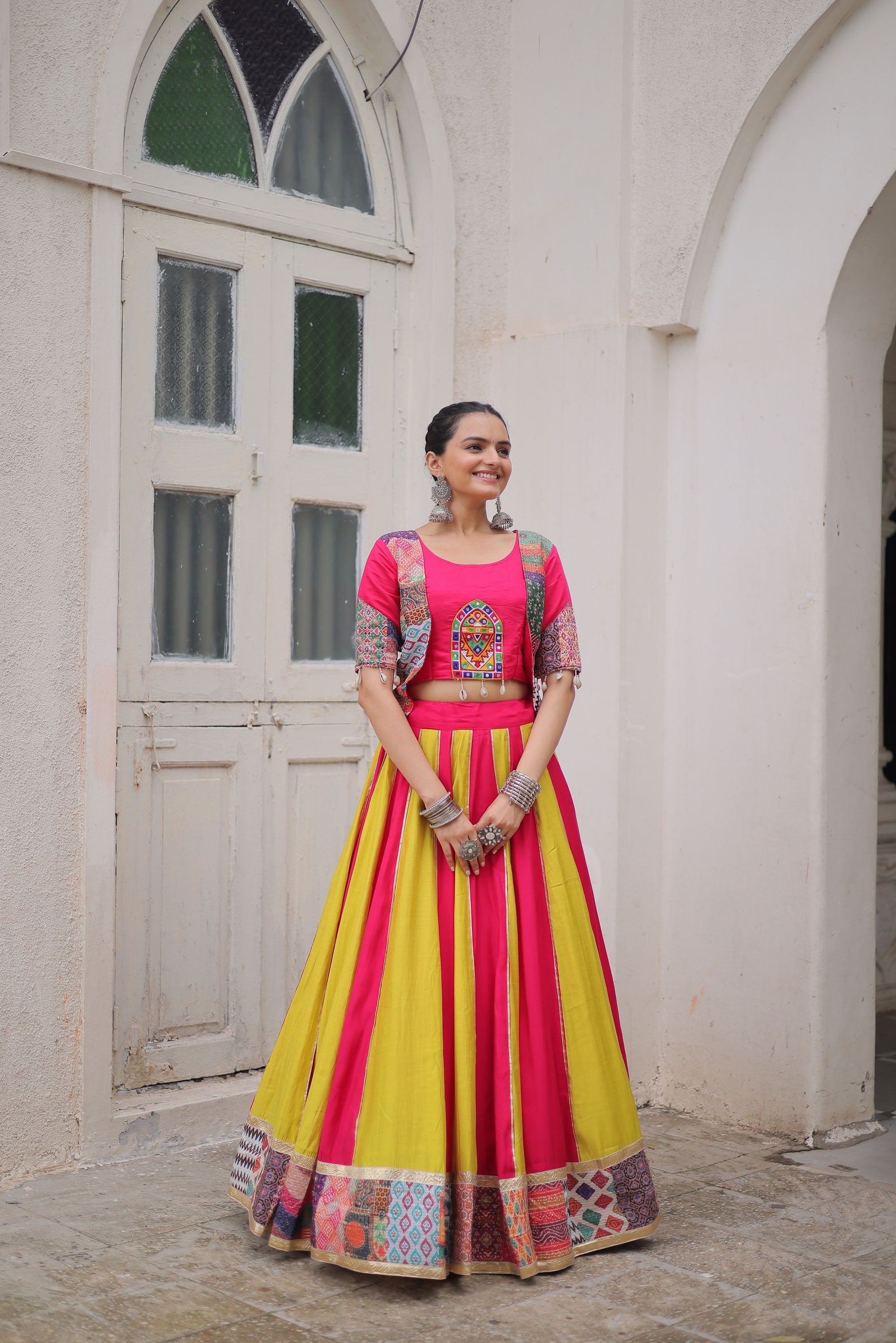 Multicolor Roman Silk Lehenga Choli with Maslin Crochet print and Gotta lace detailing