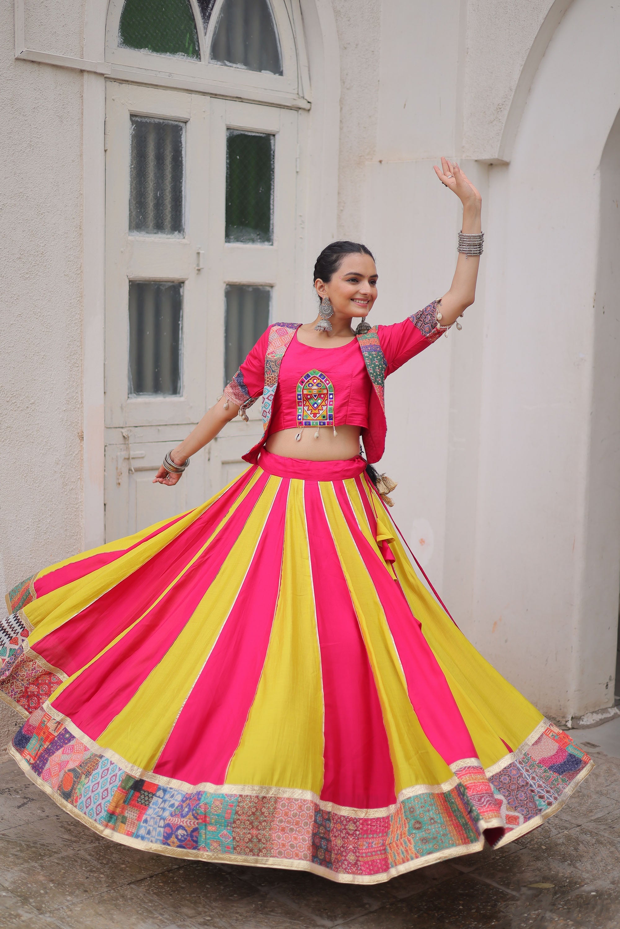Multicolor Roman Silk Lehenga Choli with Maslin Crochet & Gotta Lace
