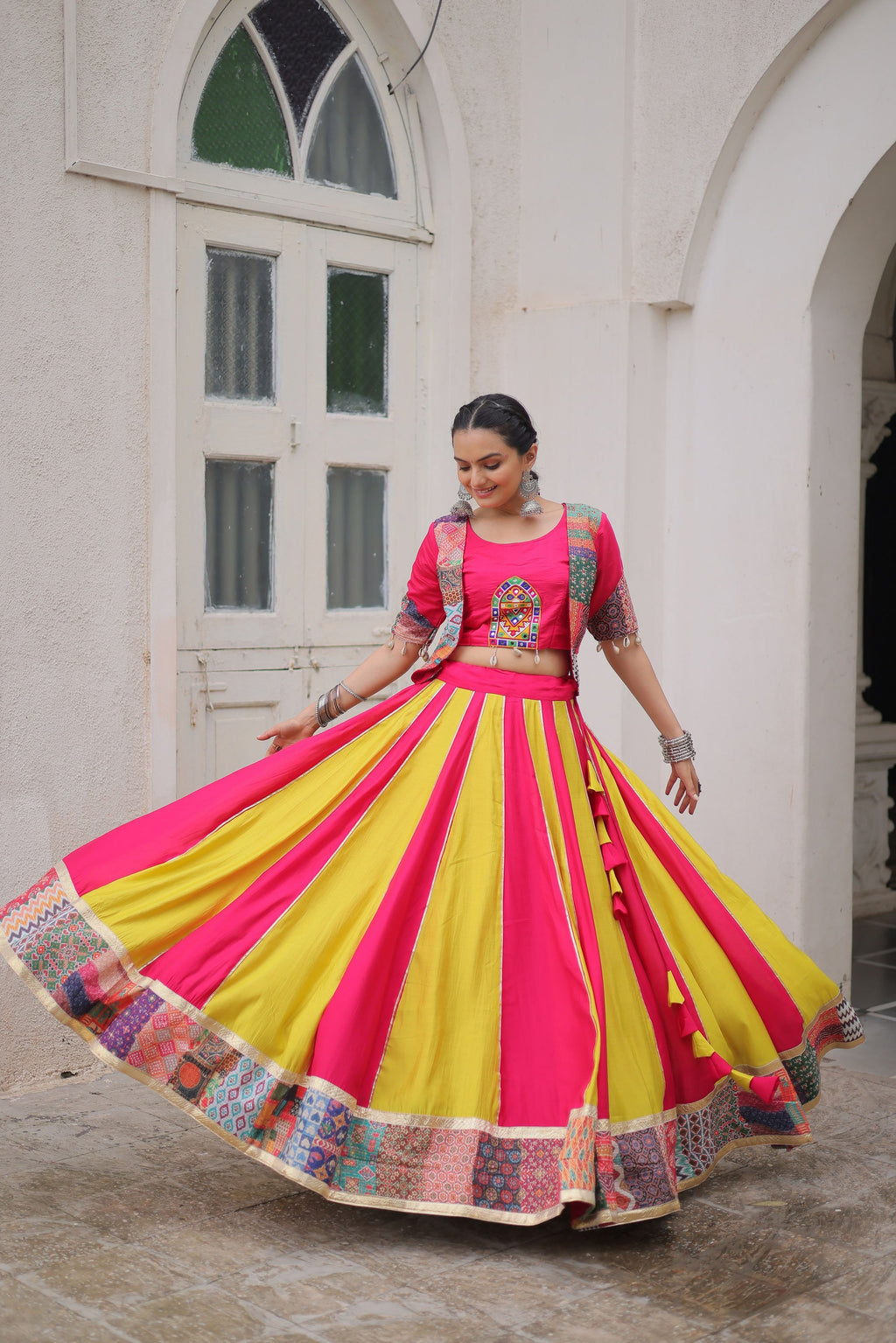 Multicolor Roman Silk Lehenga Choli with Maslin Crochet & Gotta Lace