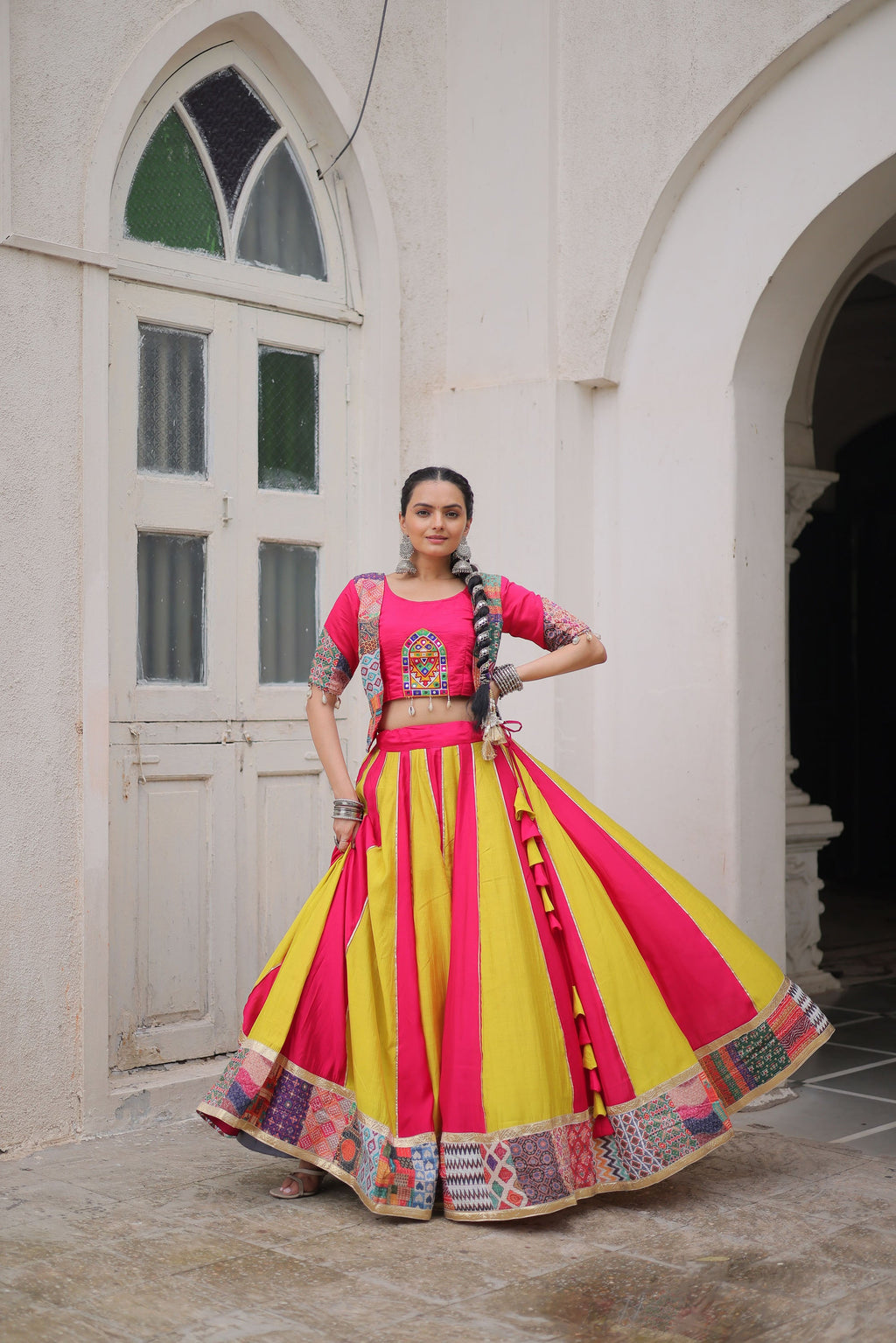 Multicolor Roman Silk Lehenga Choli with Maslin Crochet & Gotta Lace