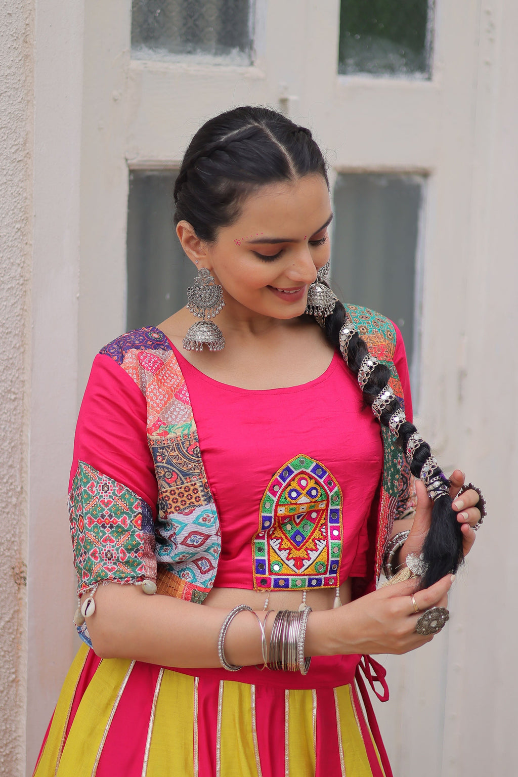 Multicolor Roman Silk Lehenga Choli with Maslin Crochet & Gotta Lace