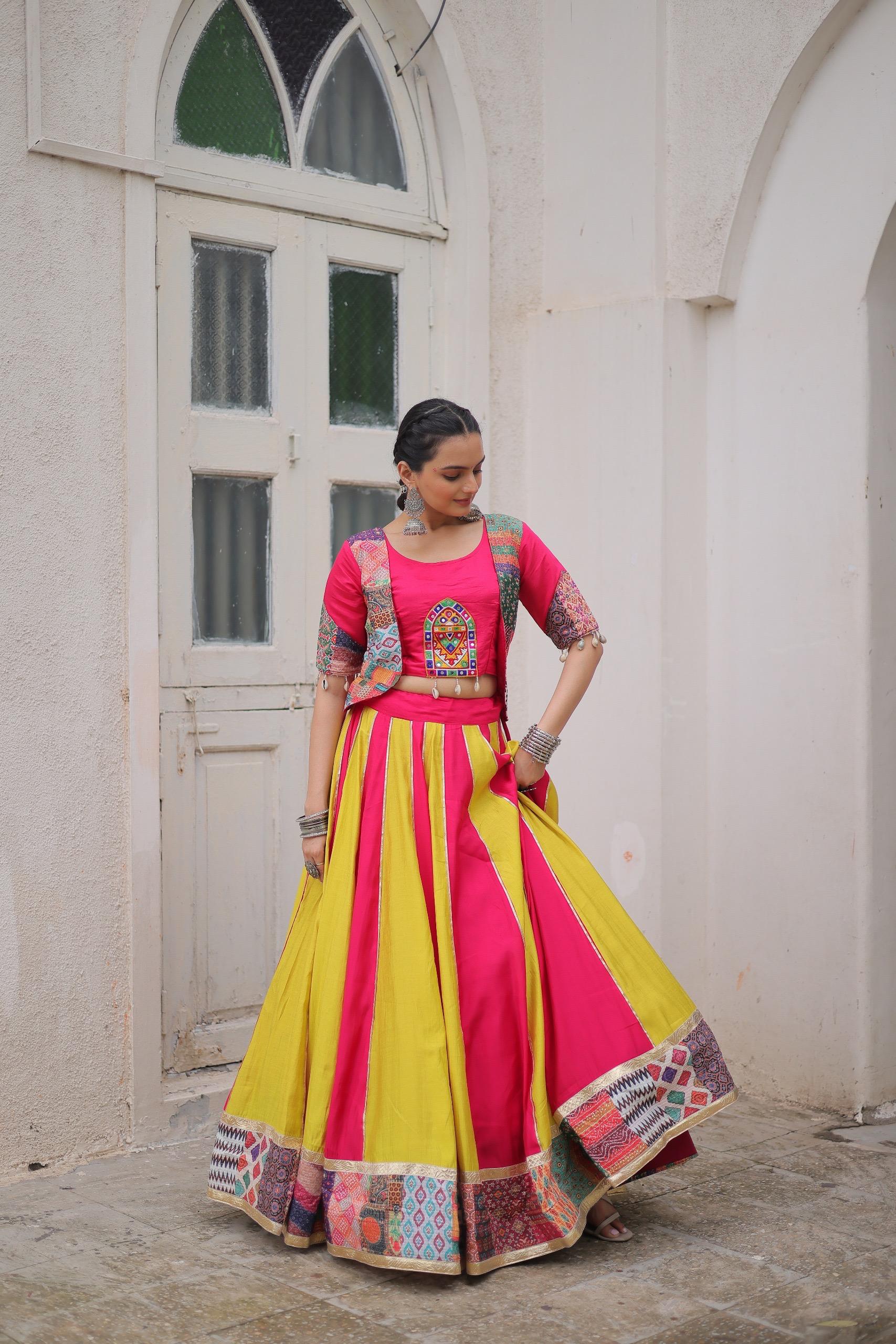 Pink Roman Maslin Crochet Print Lehenga for Navratri
