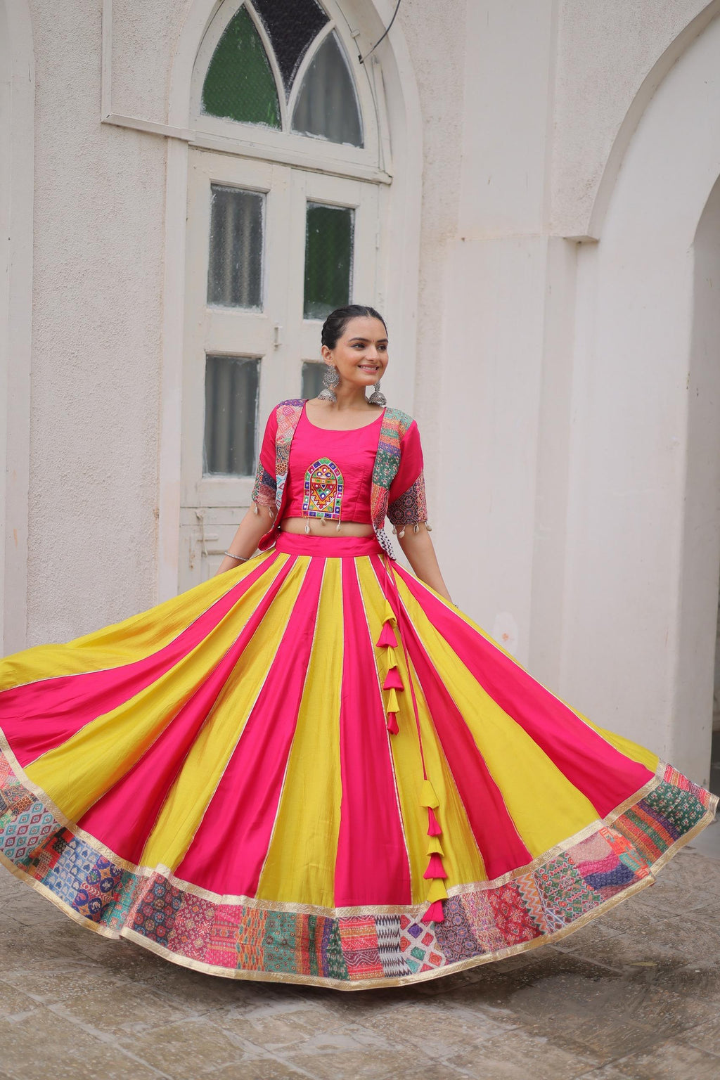 Pink Roman Maslin Crochet Print Lehenga for Navratri