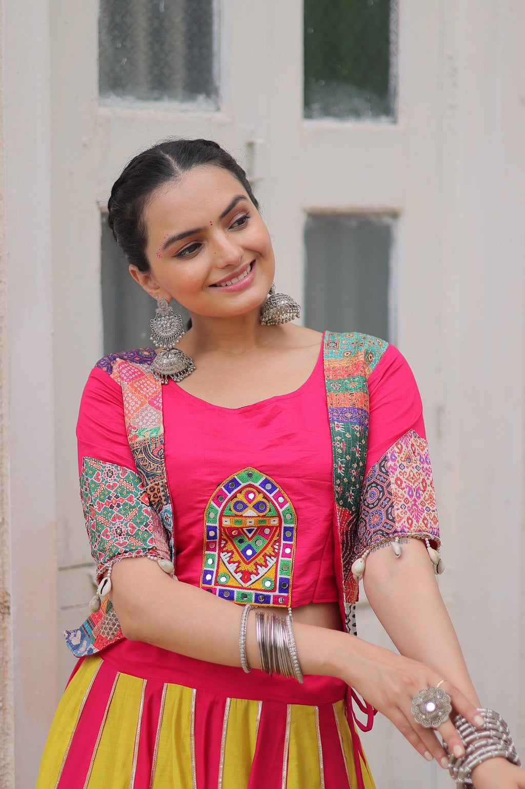 Pink Roman Maslin Crochet Print Lehenga for Navratri
